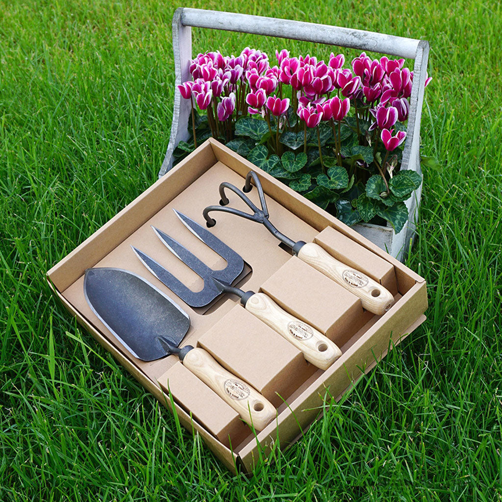 DeWit garden tool gift kit containing a trowel, fork, and cultivator displayed in a grass meadow with pink tulips.