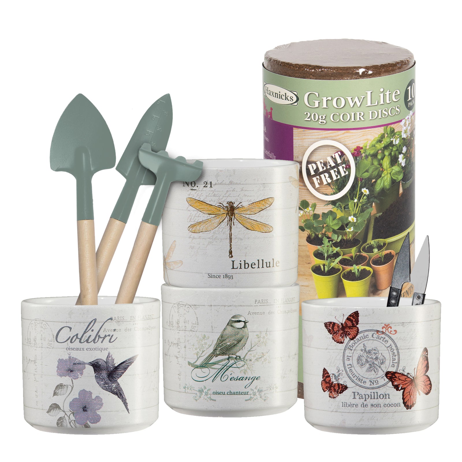 Vintage Charm Indoor Plant Pot Starter Kit with 4 Decorative Pots & Tools – Butterfly, Bird & Nature Prints