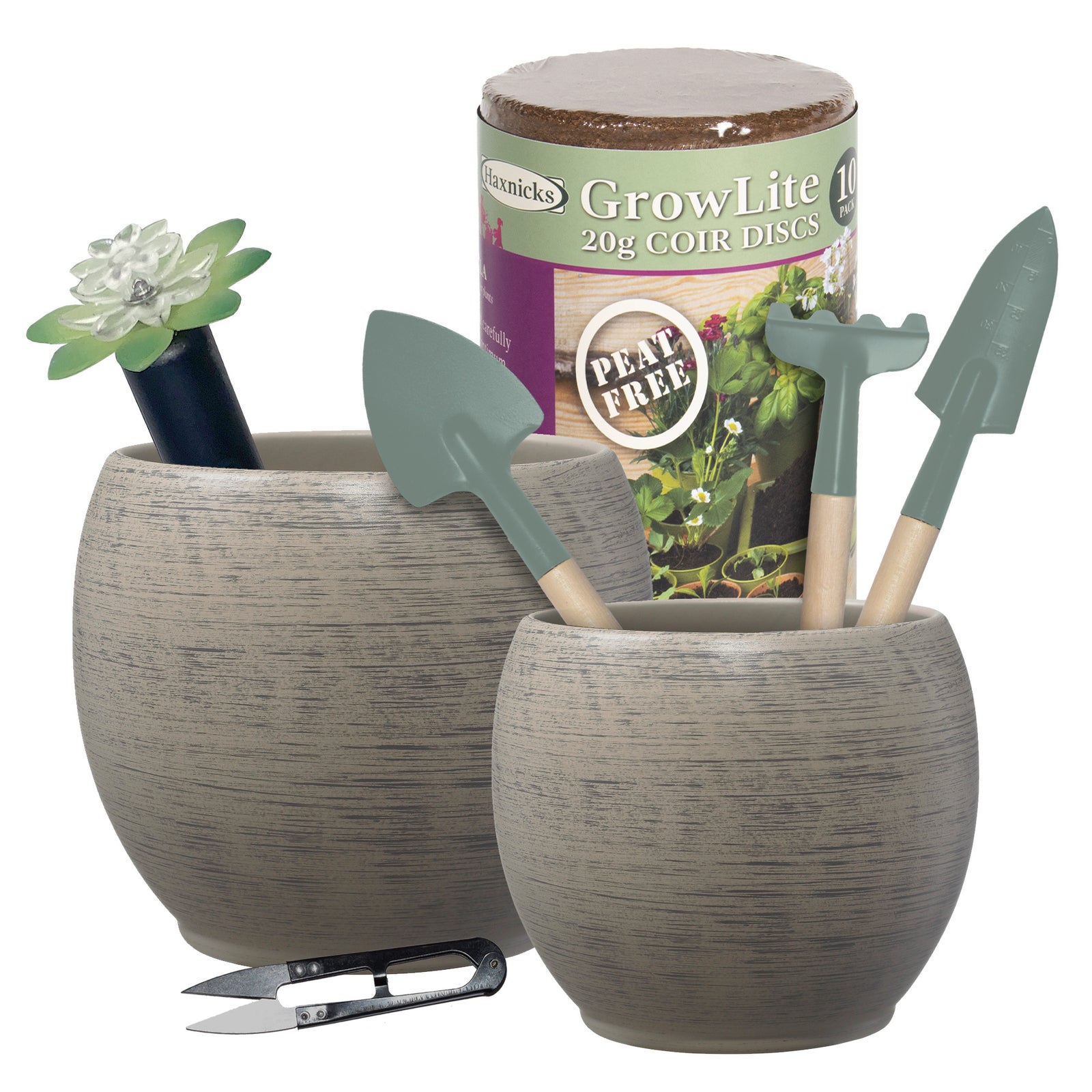 Rustic Indoor Garden Kit – 2 Brown Wood Optics-Look Pots with Tools, Soil Pellets & Plant Alarm