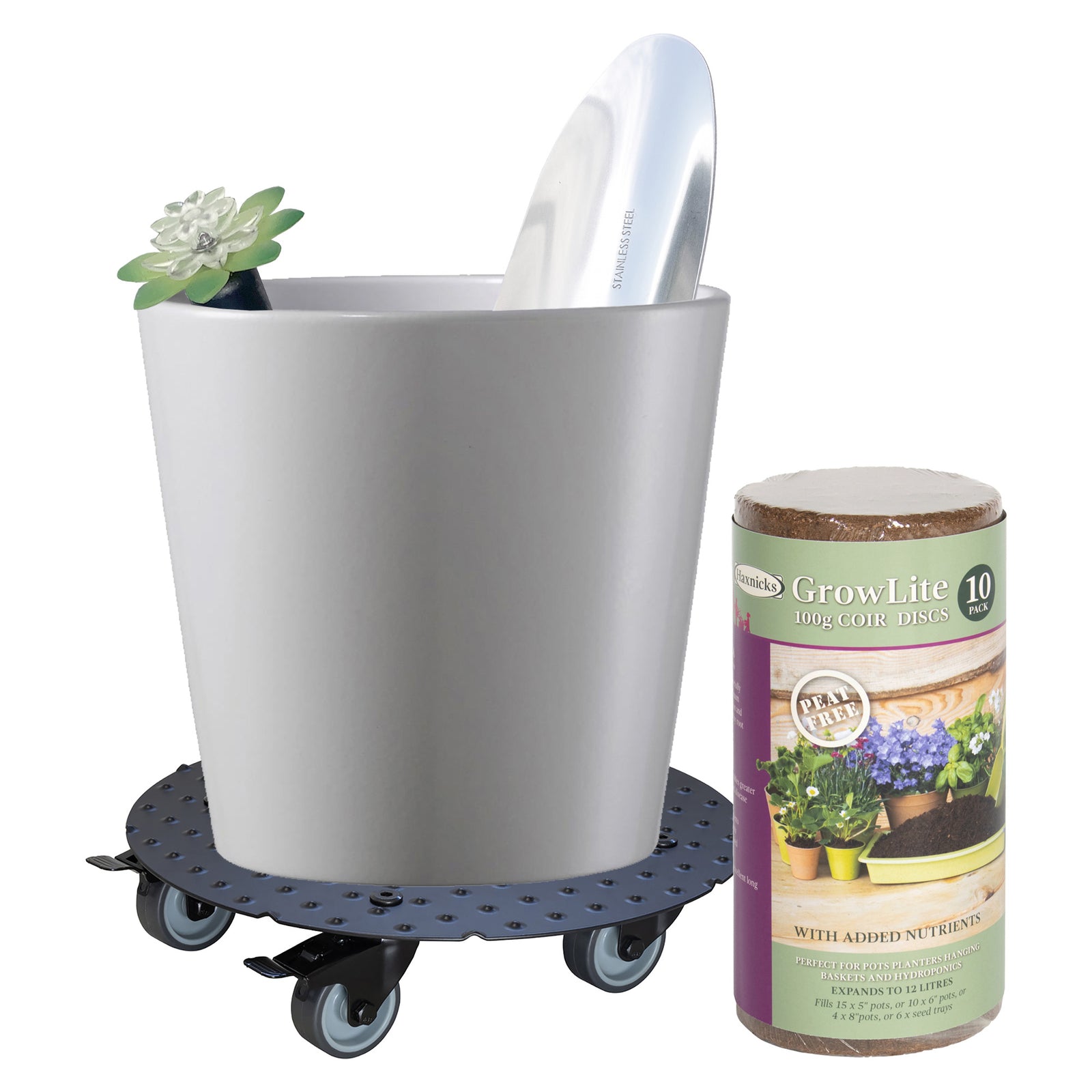 Premium Indoor Planting Kit – 5-Piece Set with 11"Dia Ceramic Pot, Caddy, Stainless Trowel, Coir Discs & Plant Alarm