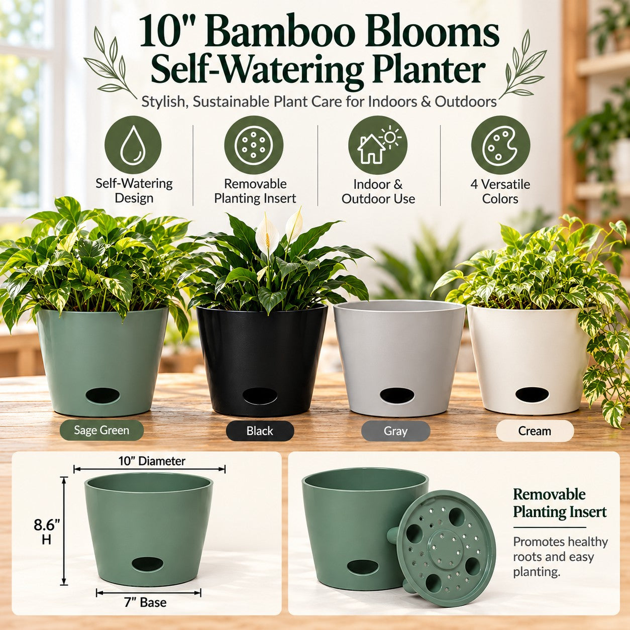 10" Gray Round Bamboo Self-Watering Indoor/Outdoor Plant Pot