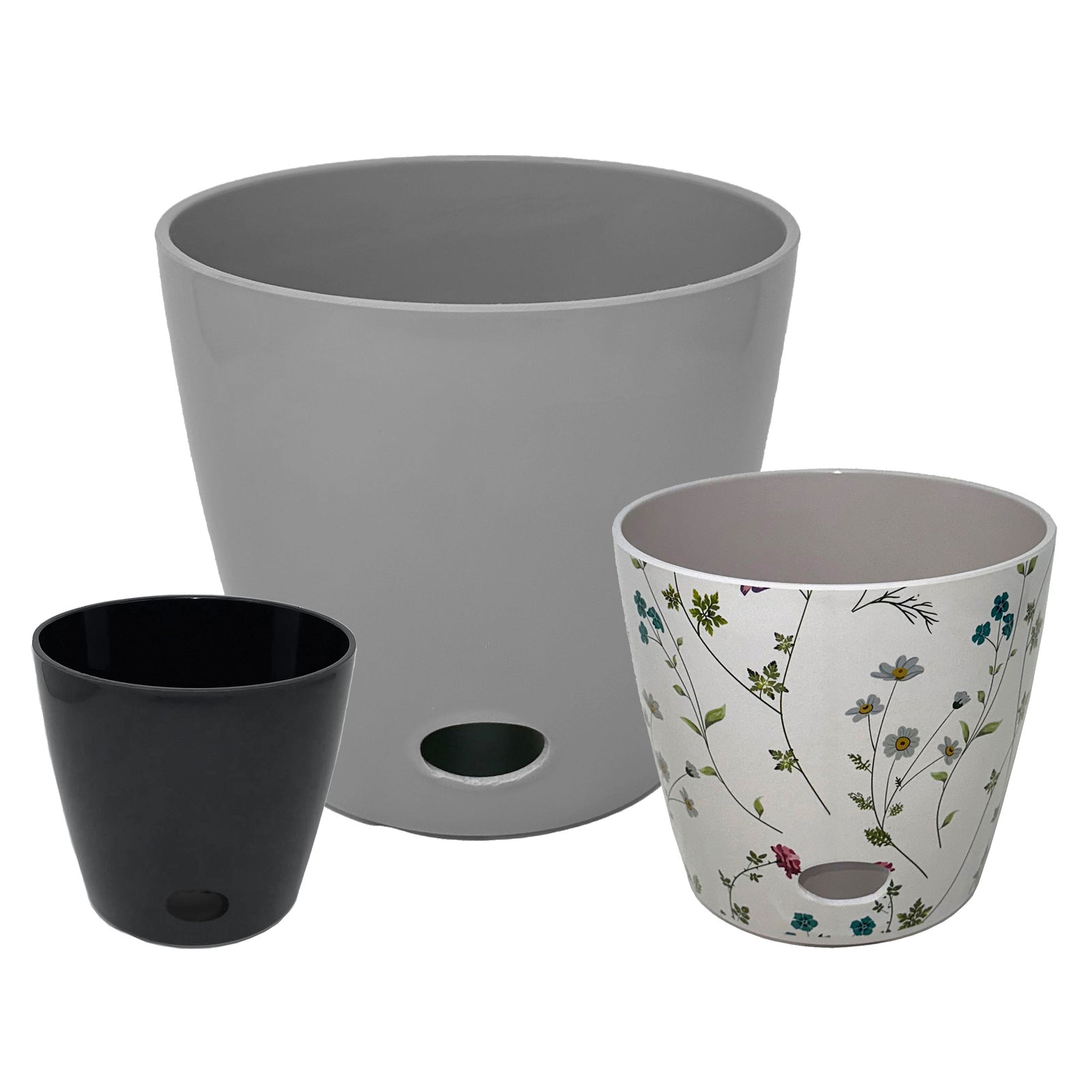 Self-Watering Plant Pot Set of 3 – 5" Black, 7" Wildflower, 10" Gray