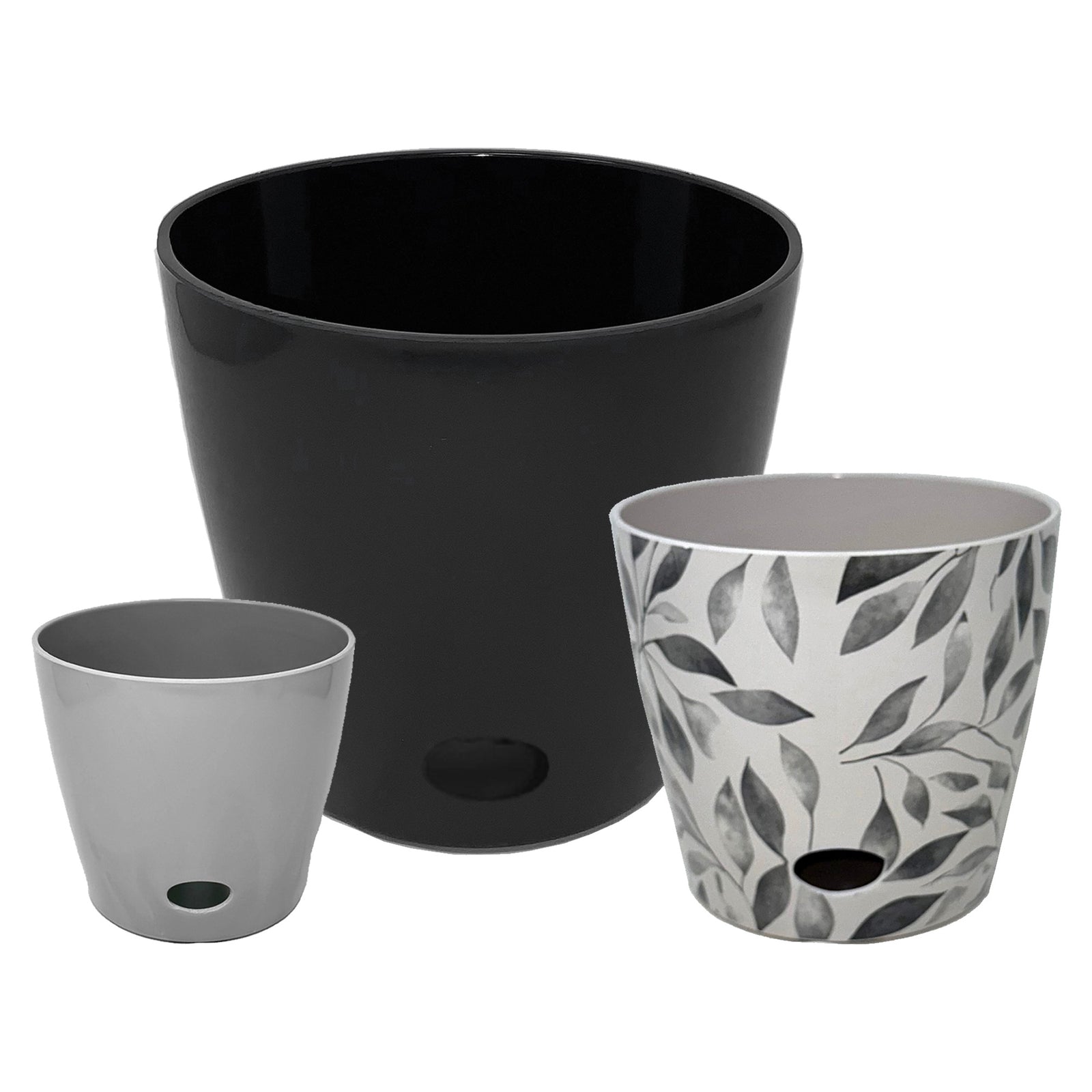 Self-Watering Plant Pot Set of 3 – 5" Gray, 7" Gray Leaves, 10" Black