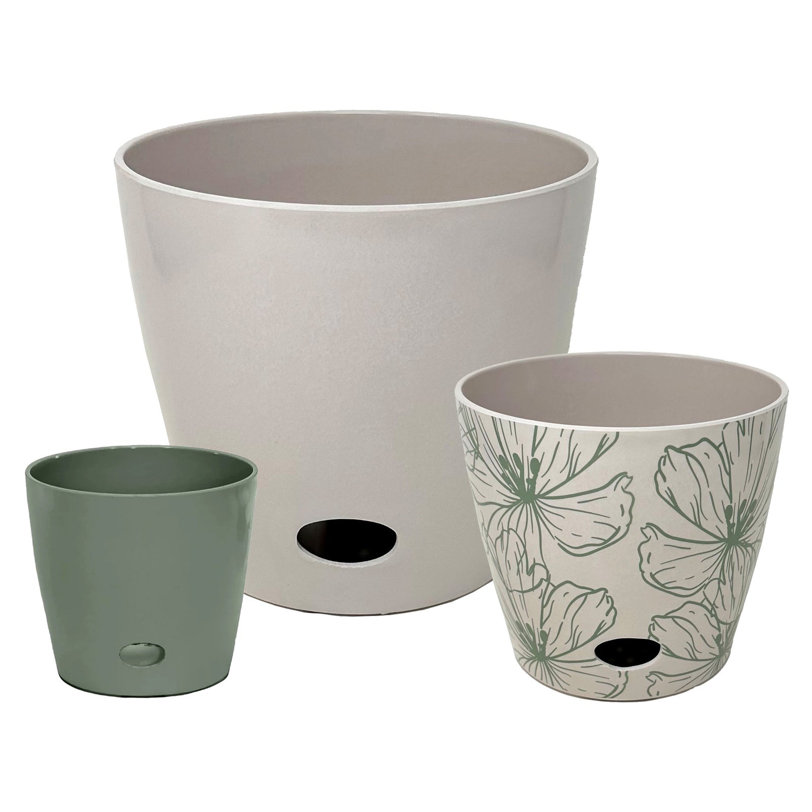 Self-Watering Plant Pot Set of 3 – 5" Sage Green, 7" Green Flower, 10" Cream
