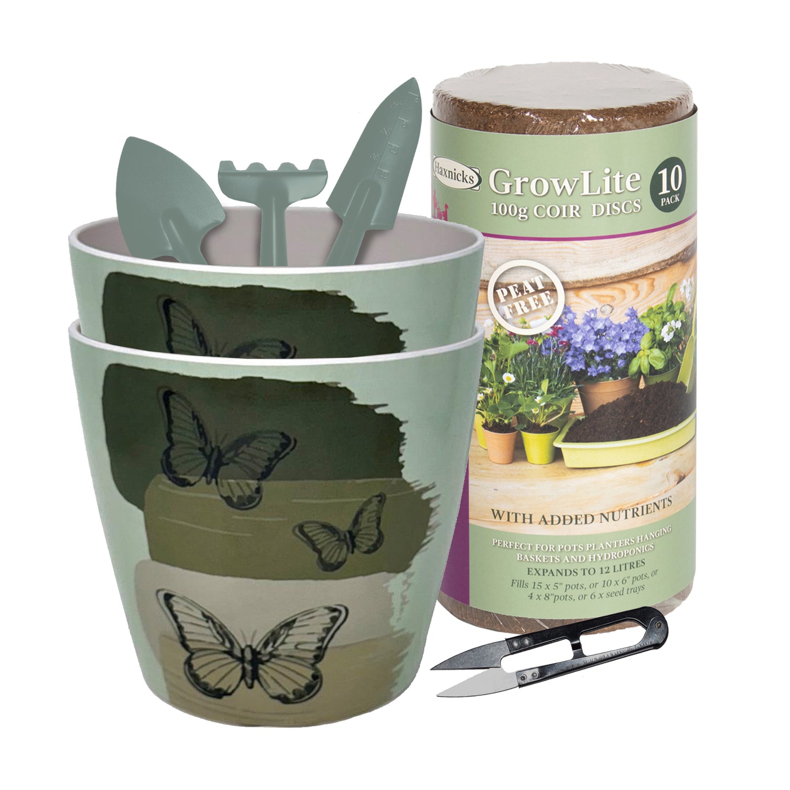 7" Butterfly Bamboo Self-Watering Planter Kit – Set of 2 Pots with Coir Soil & 4-Piece Garden Tool Set