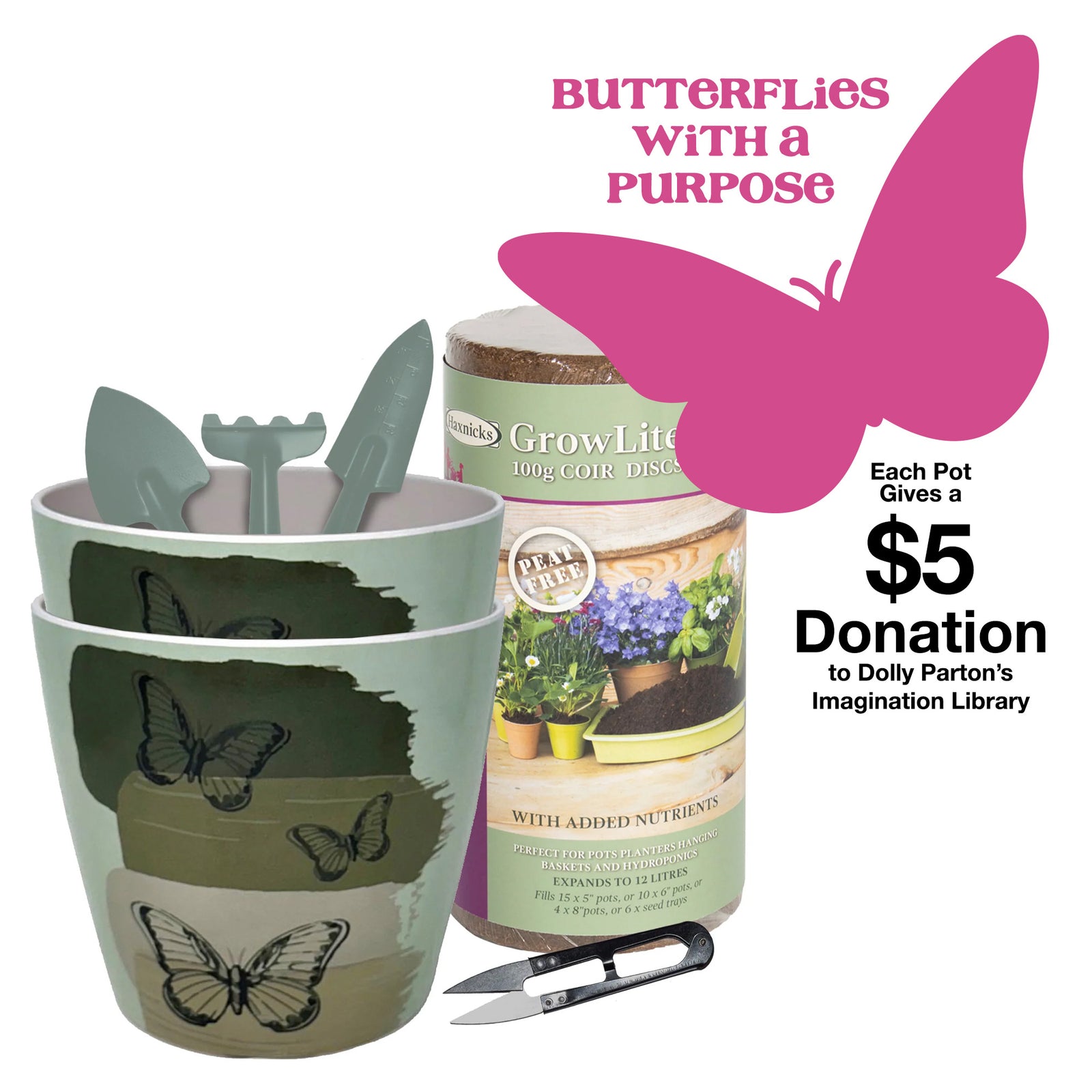 7" Butterfly Bamboo Self-Watering Planter Kit – Set of 2 Pots with Coir Soil & 4-Piece Garden Tool Set