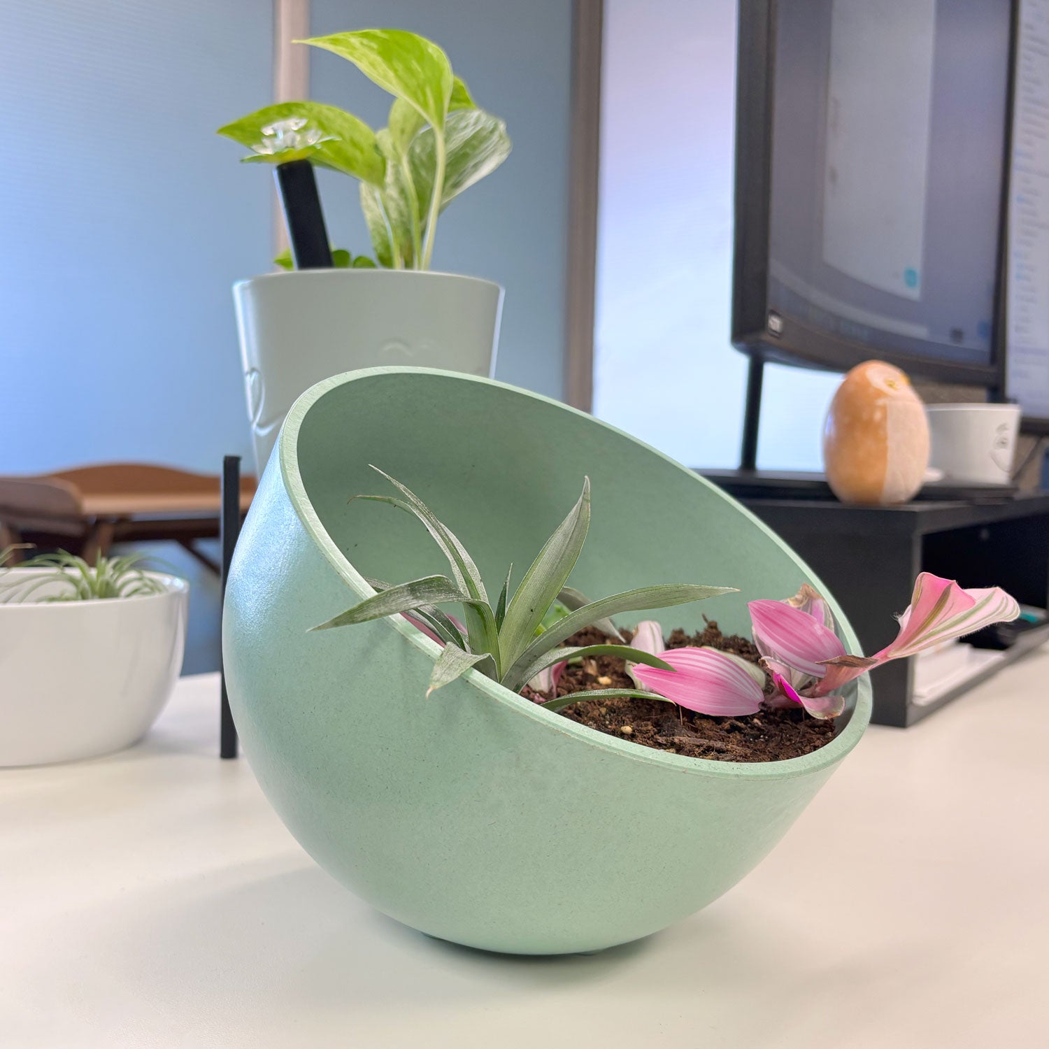 7" Seafoam Green Orbital Natural Bamboo Fiber Indoor/Outdoor Planter