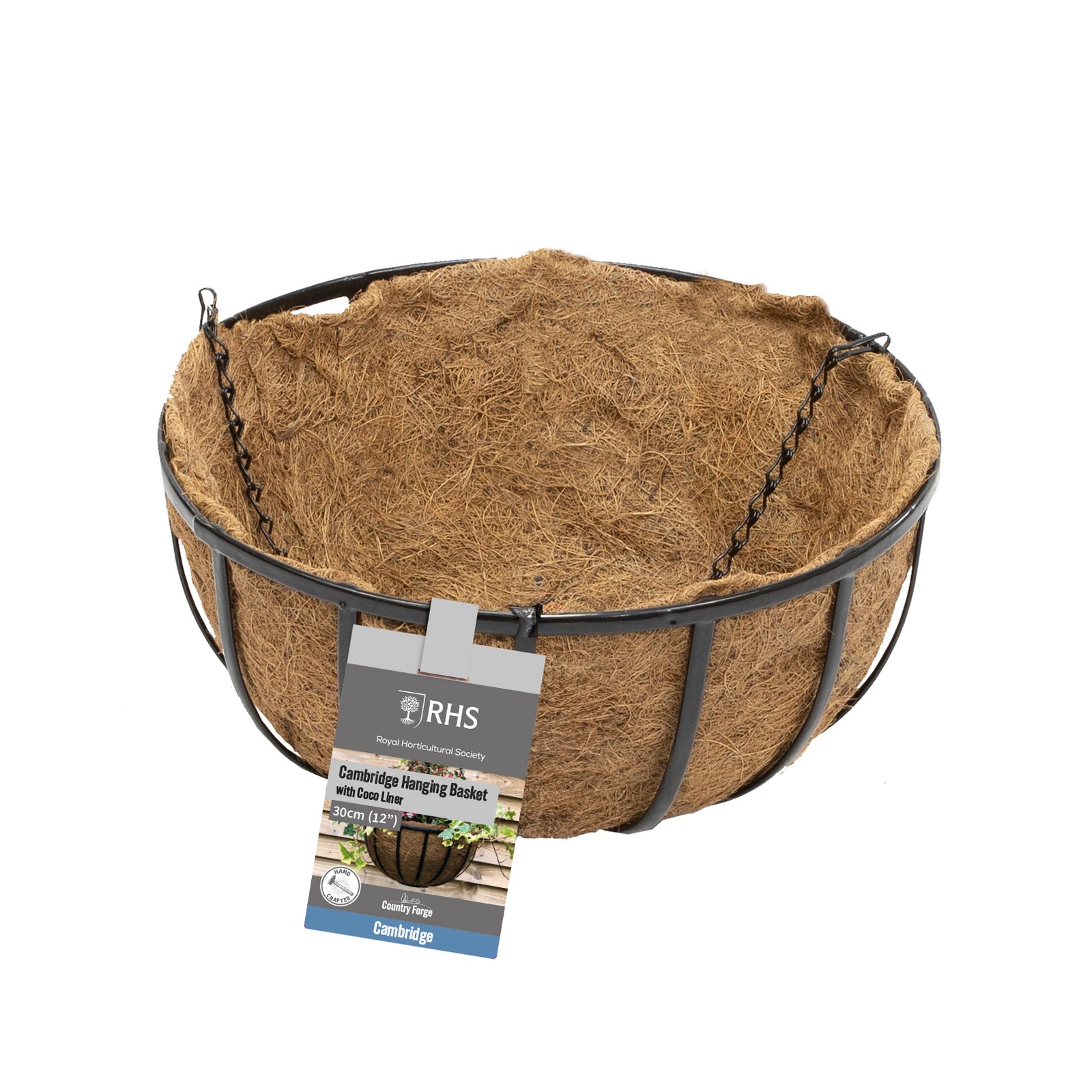RHS 12" Cambridge Premium Hanging Basket with Coco Liner – Black Steel