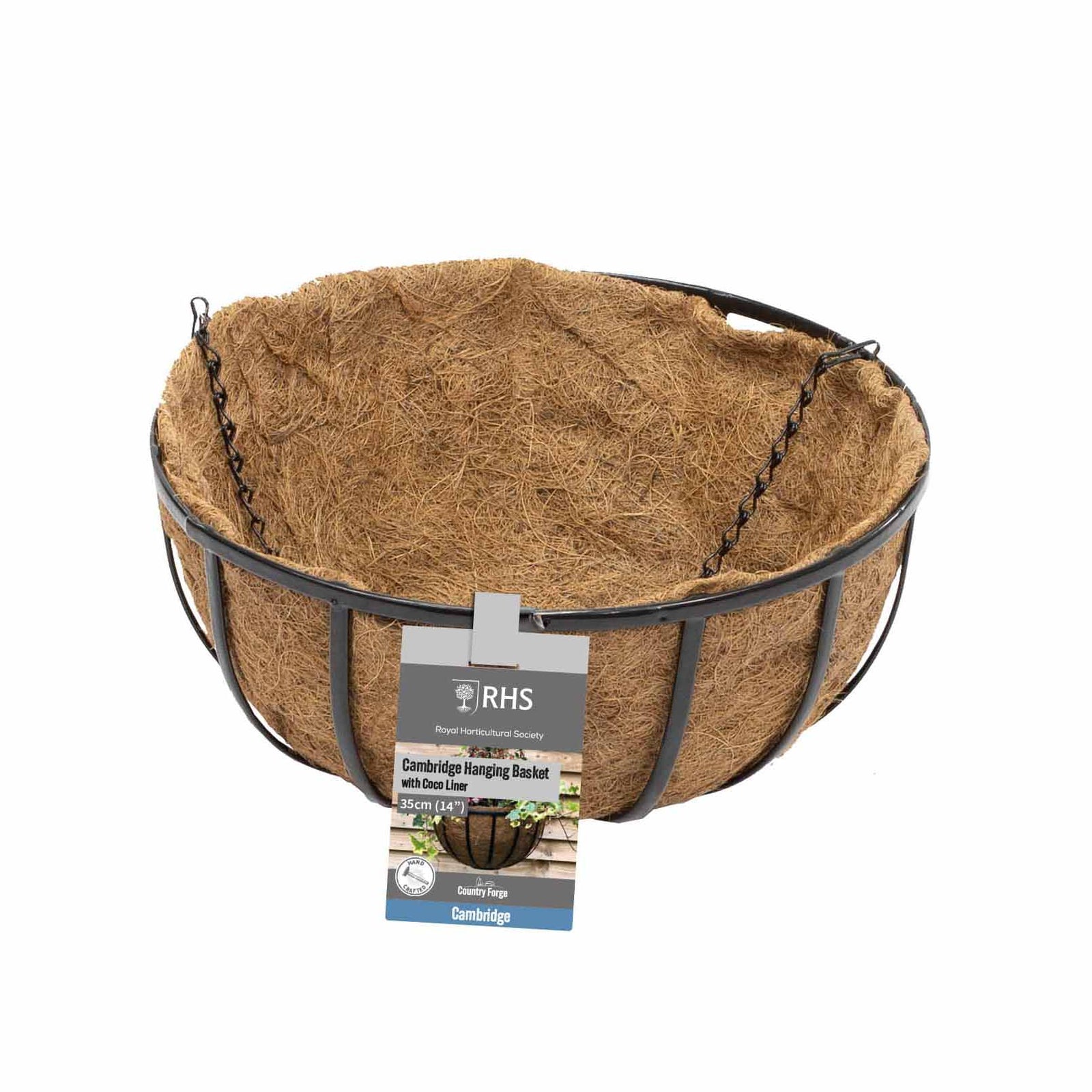 RHS Cambridge Hanging Basket with Coco Liner – 14" Black Steel Hanging Planter with Chain