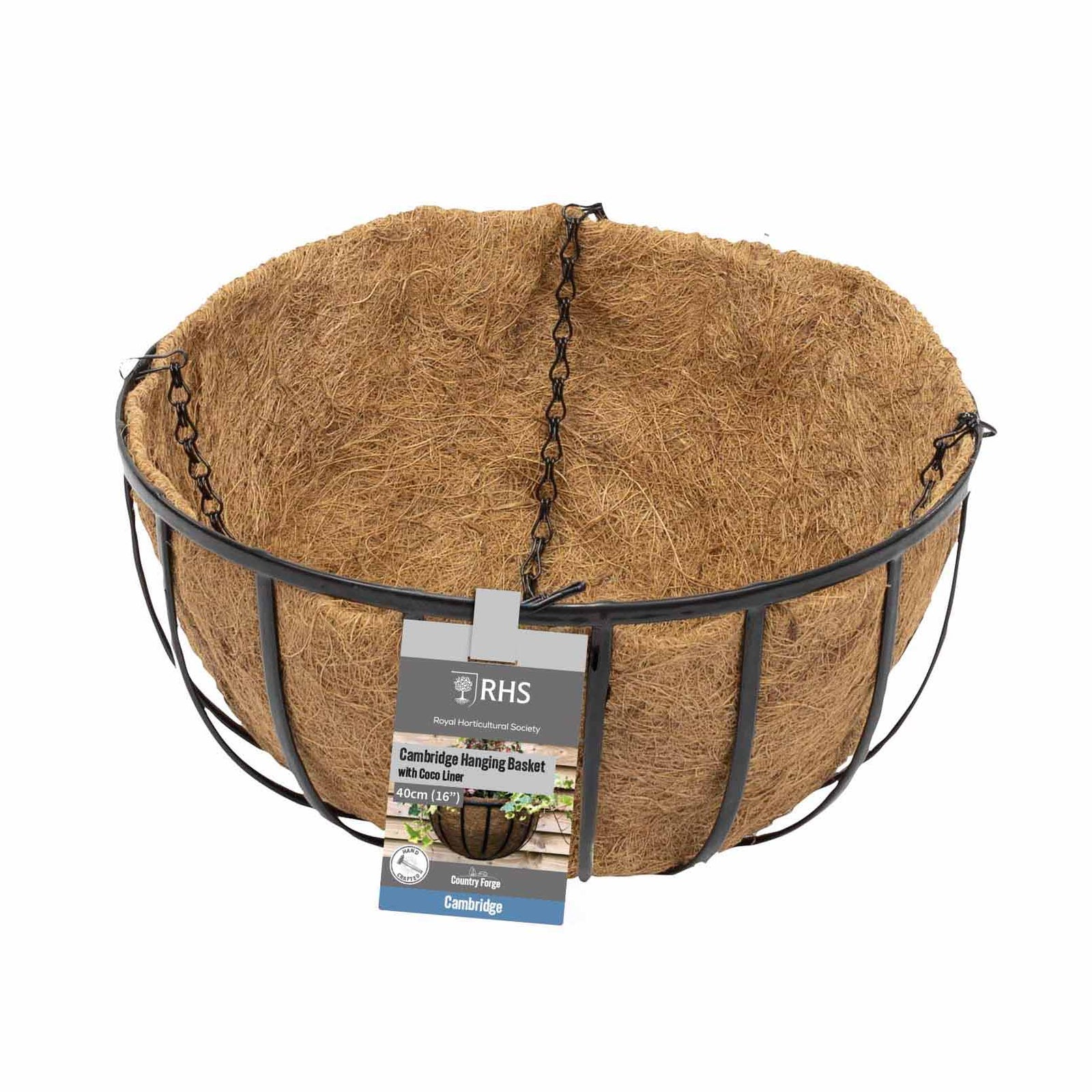 RHS Cambridge Hanging Basket with Coco Liner – 16" Black Steel Hanging Planter with Chain
