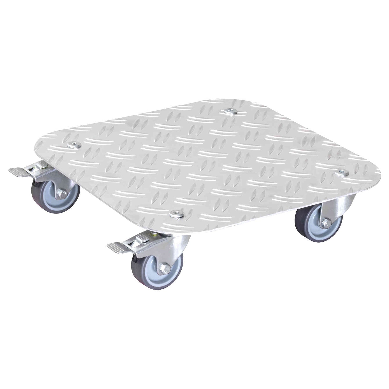11.4" silver square diamond-plated aluminum plant caddy with brakes, indoor/outdoor use.