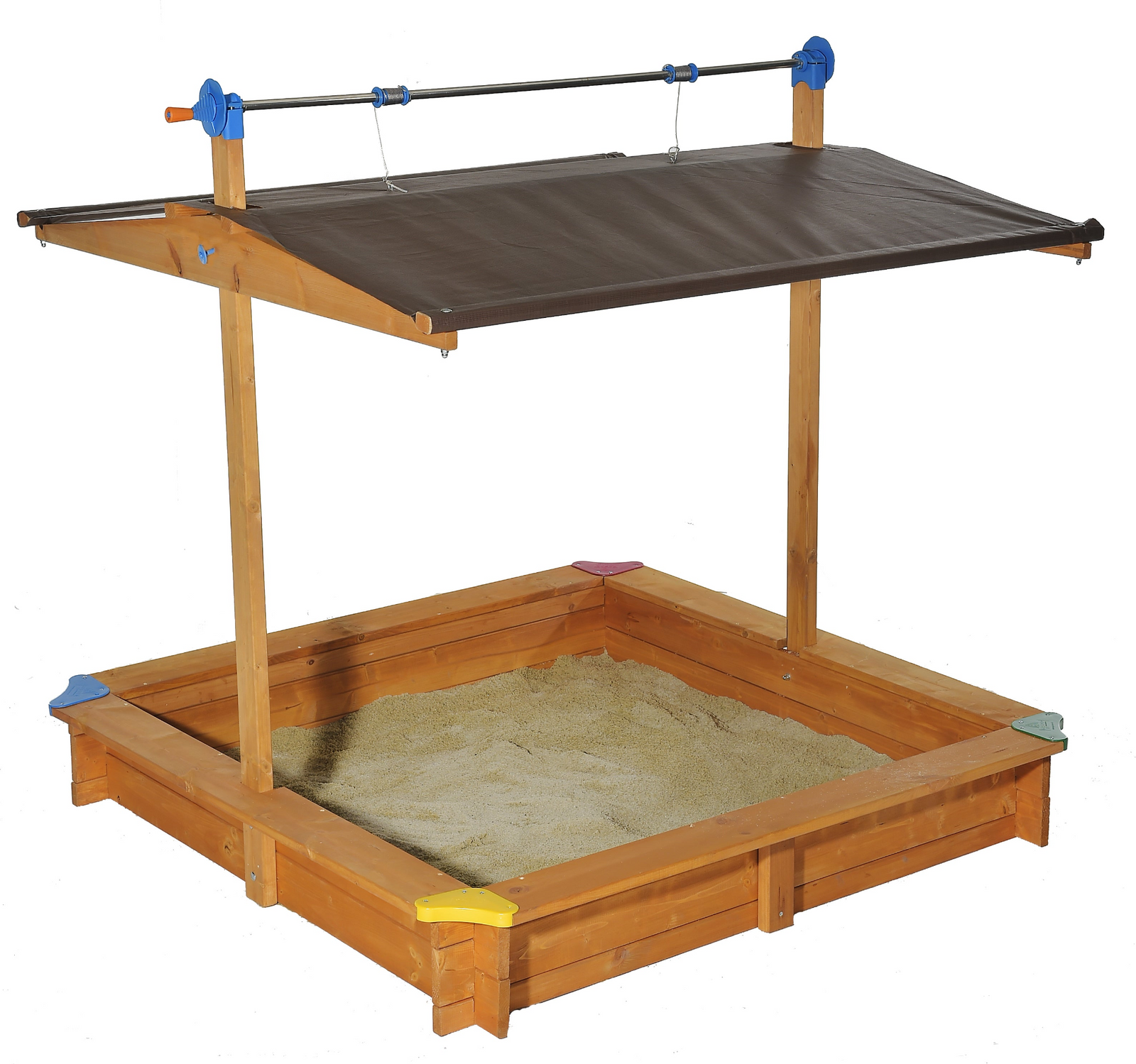 Children's wooden sandbox with retractable roof, UV protection, and bench seating.