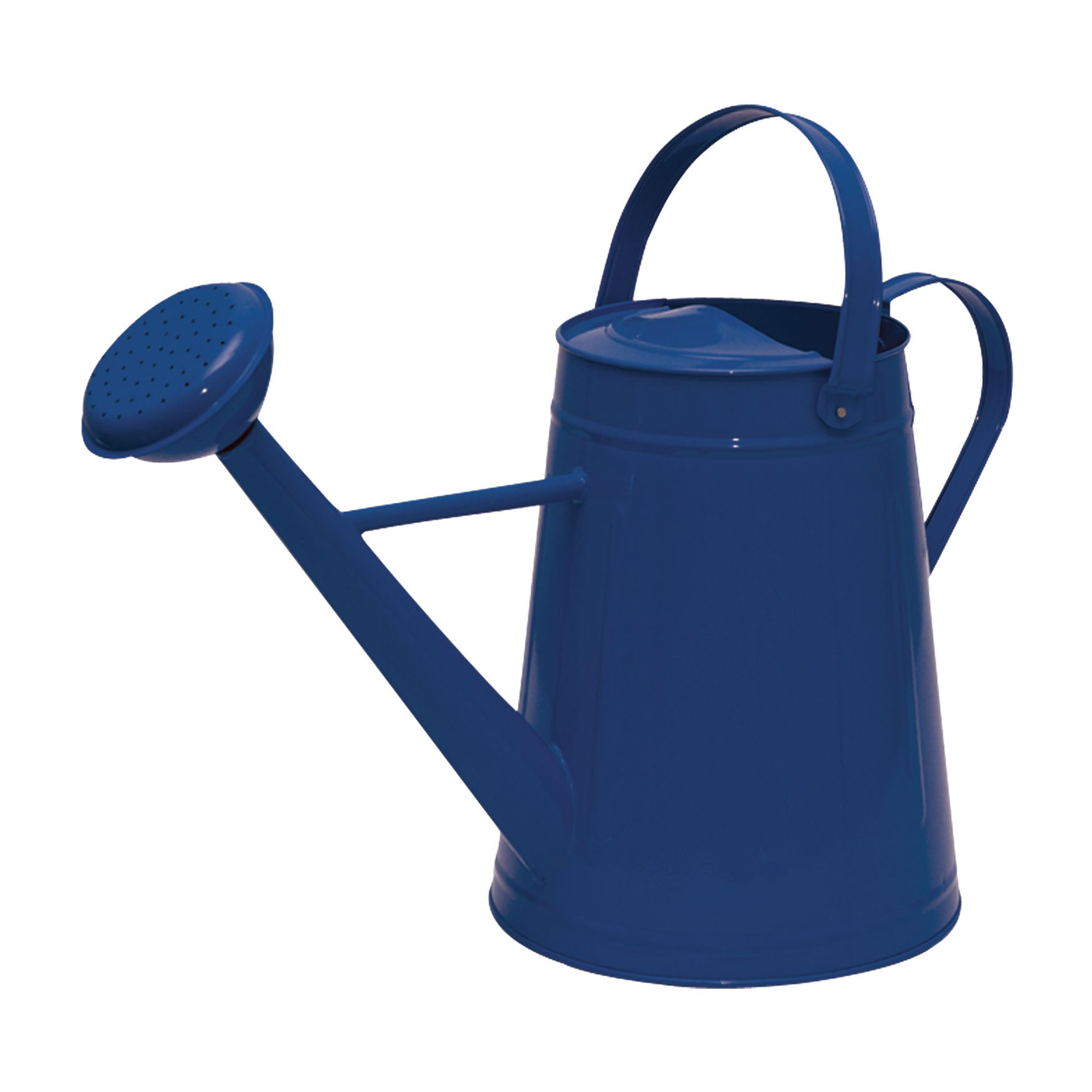 Blue traditional metal watering can with dual handles and sprinkler head.