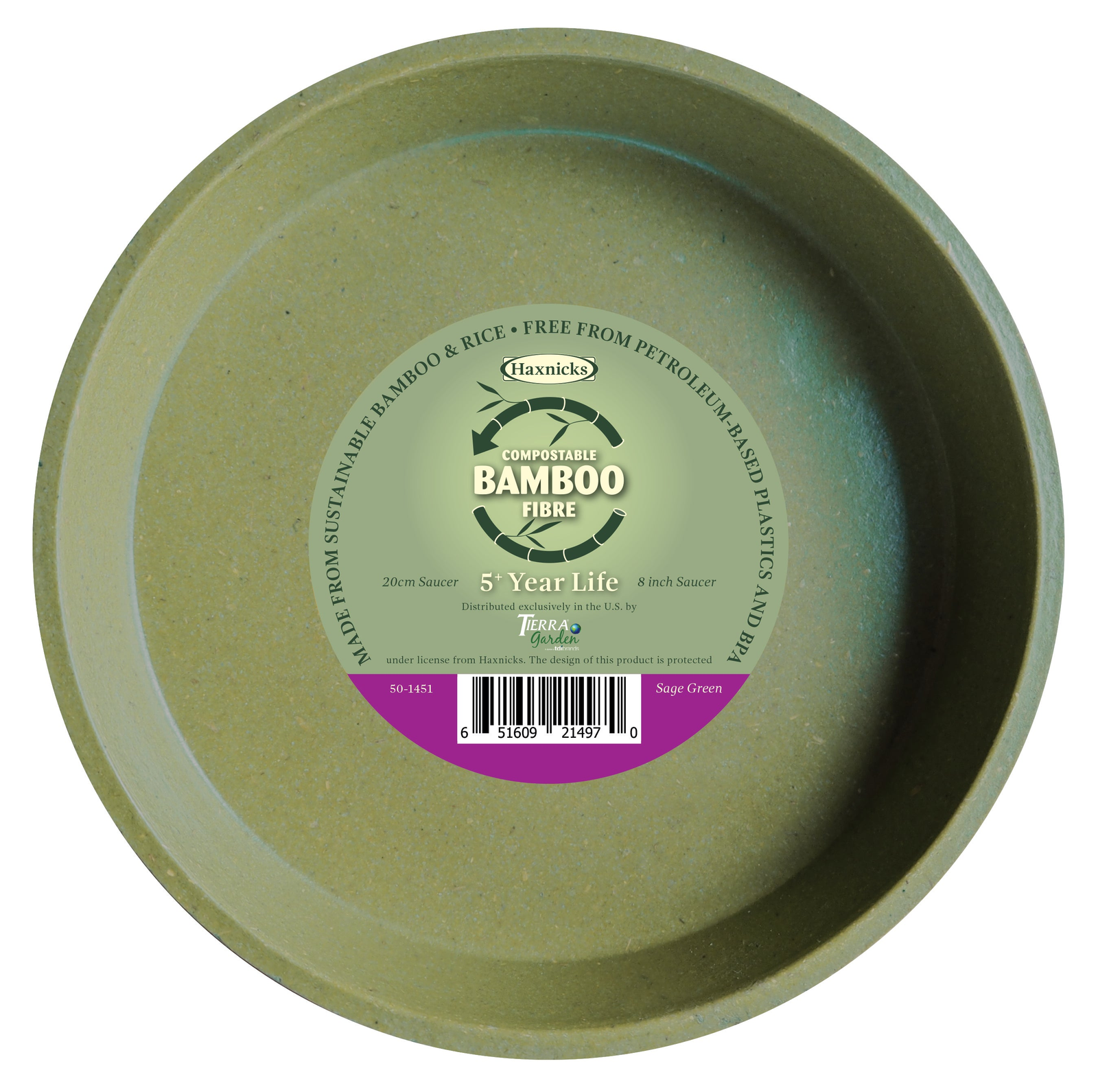 8" green bamboo saucer made from bamboo fiber and rice starch, eco-friendly and biodegradable.