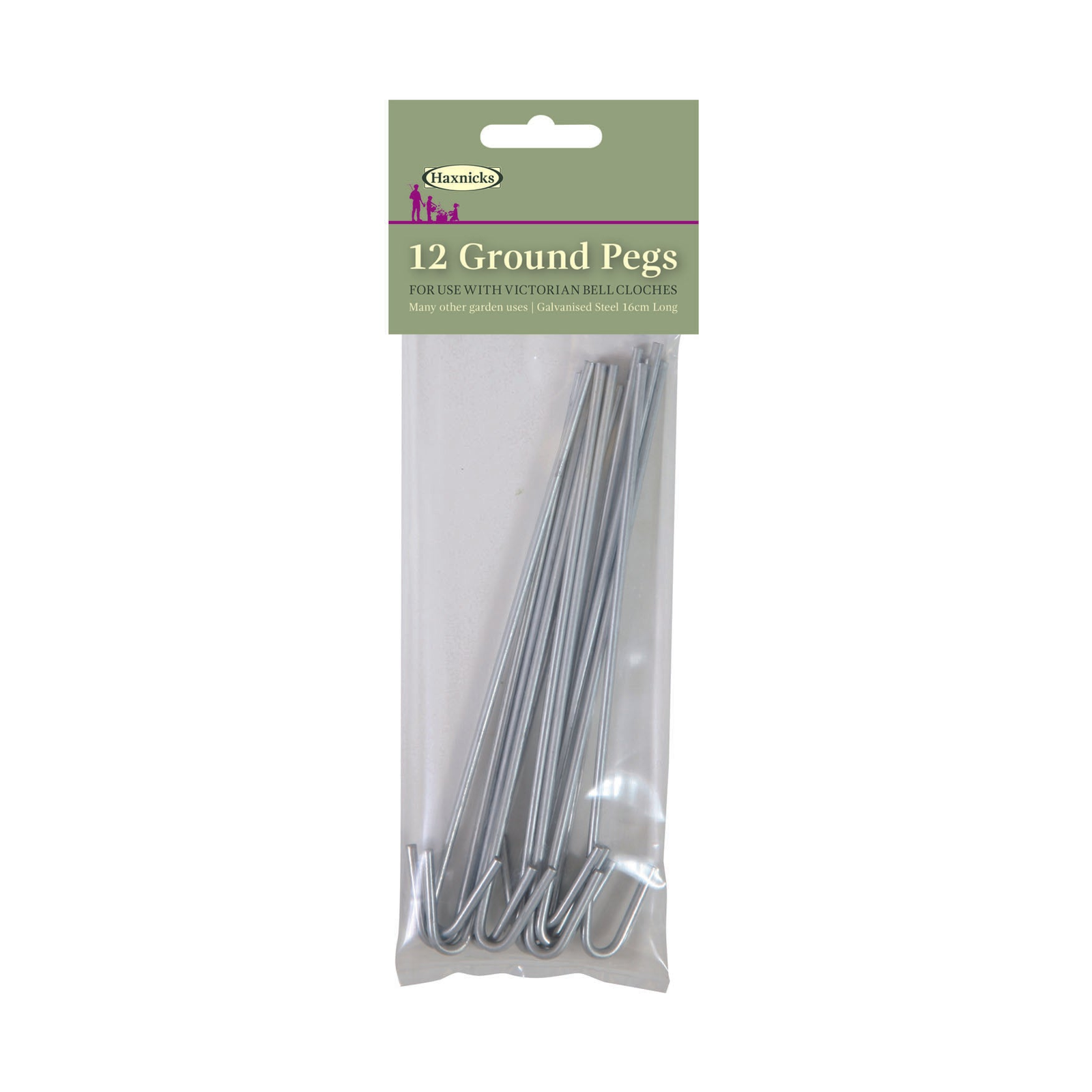Haxnicks Ground Pegs 12pk in packaging, galvanized steel, rust-proof for gardening and camping.