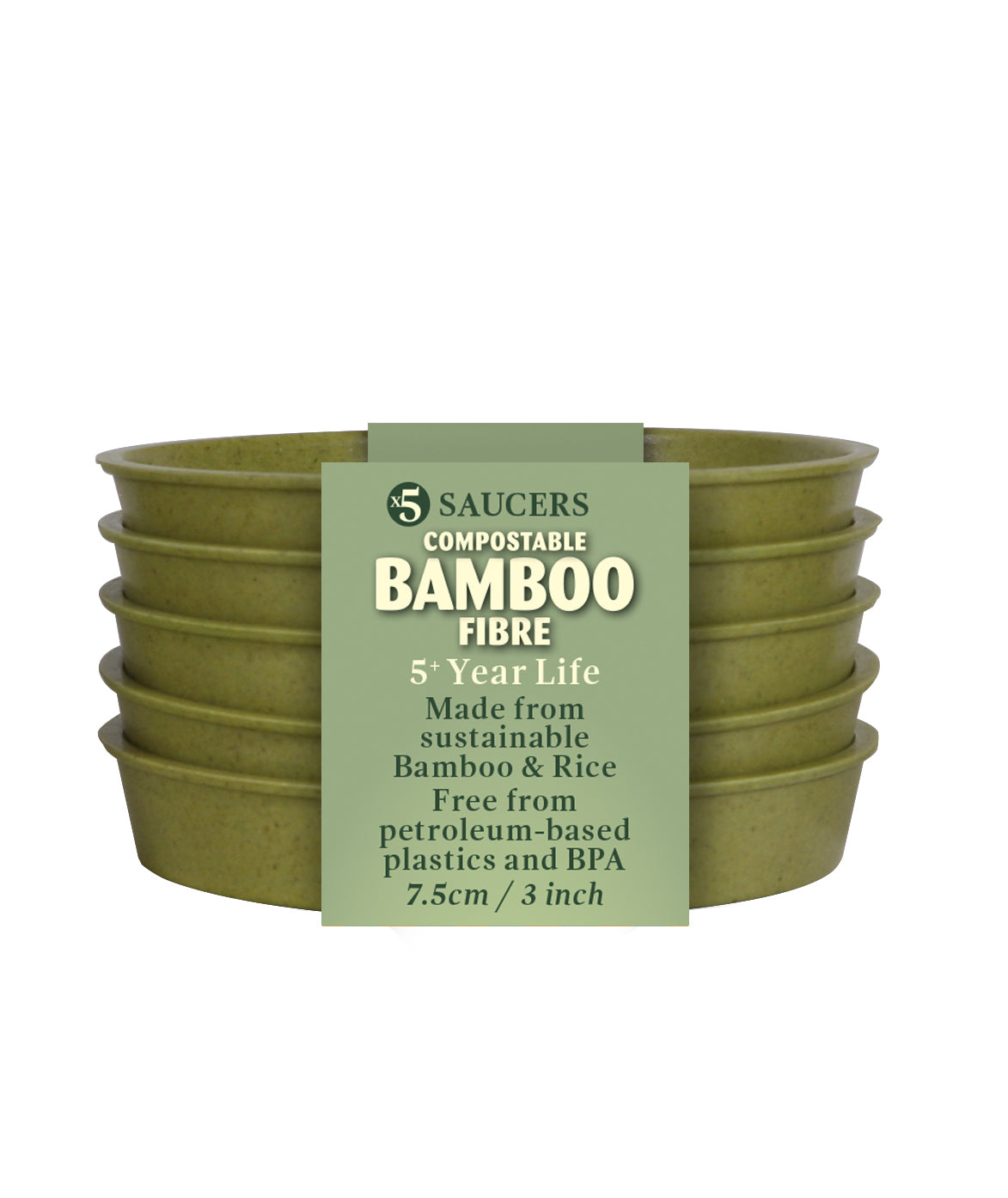 4" green bamboo saucer 5 pack, eco-friendly compostable saucers made from bamboo fiber and rice starch, durable for indoor and outdoor use.
