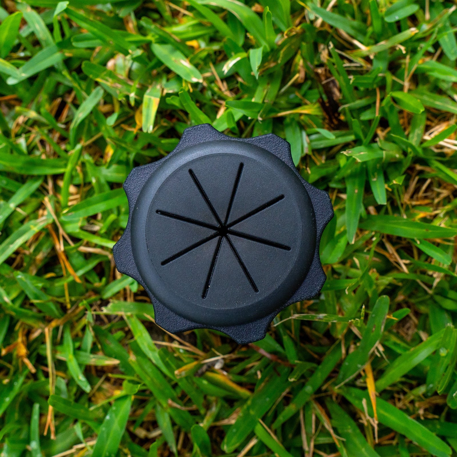 Top view of a ground spike in the grass