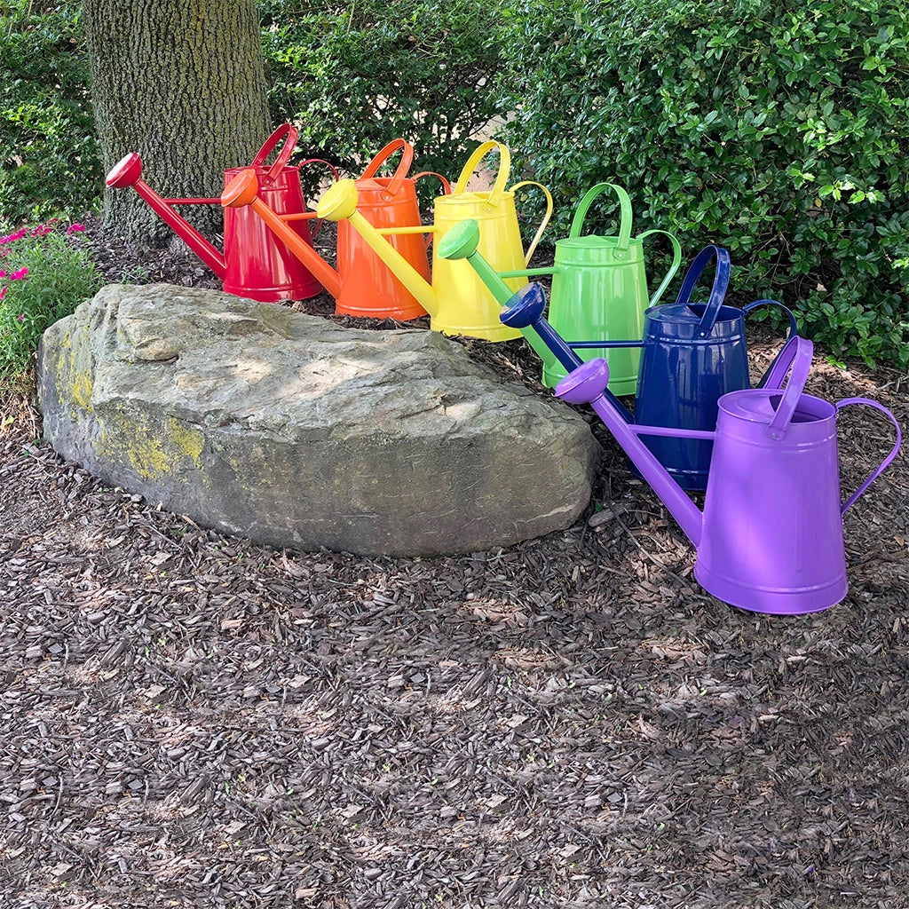 5 metal watering cans in the colors red, orange, yellow, green, and blue are displayed in the yard.