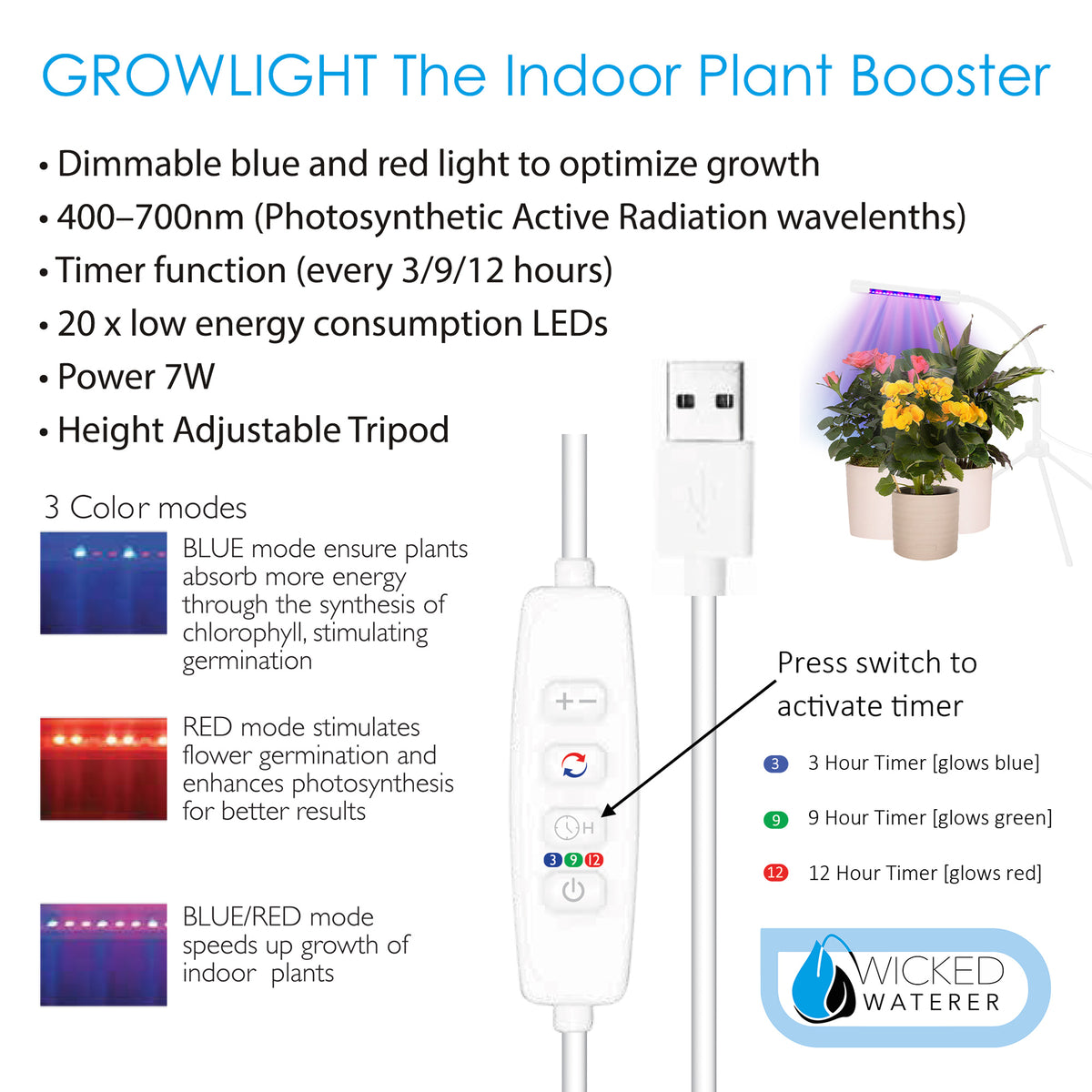 Plant Booster Grow Light w/Tripod base, Adjustable neck & Timer - Indoor Use - USB compatible