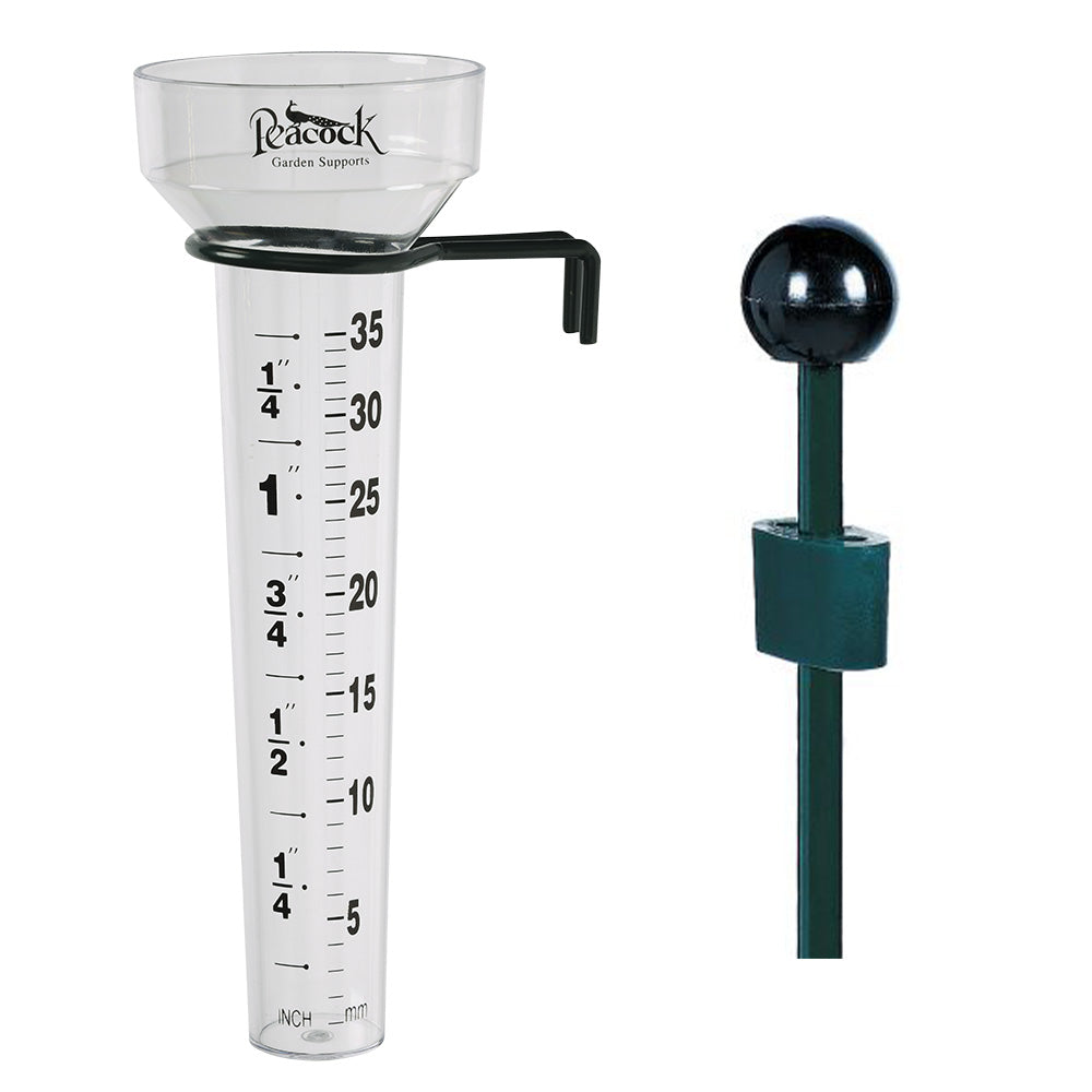 Rain gauge with 30" classic plant support stake, featuring durable galvanized steel and easy installation for monitoring rainfall.