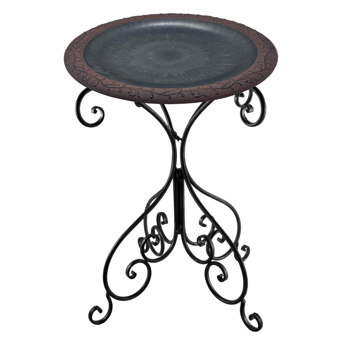 Slate/Wine w/Design Rim Fiber Clay 19" Dia Birdbath Top w/ 25"H Black Metal Stand