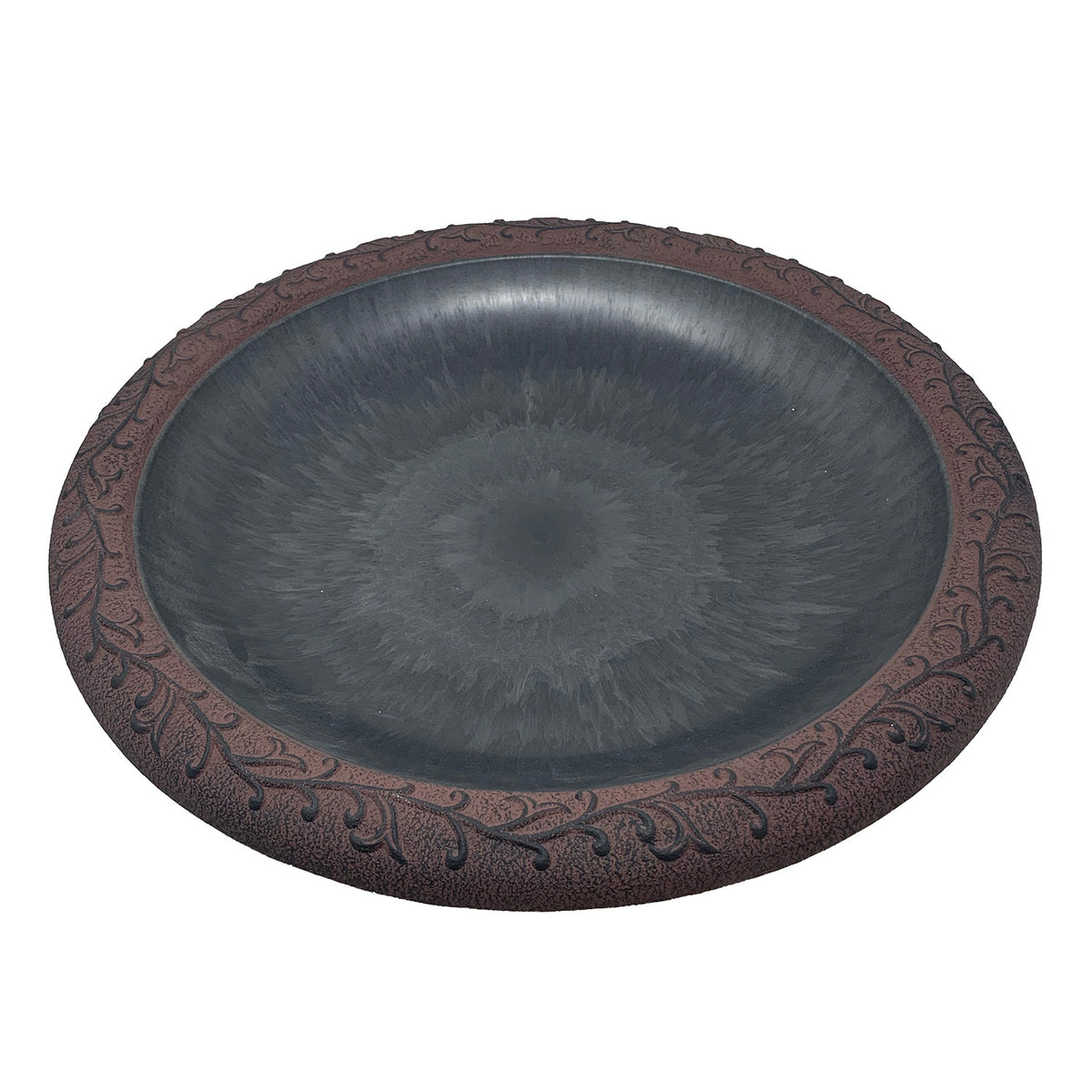 Slate/Wine w/Design Rim Fiber Clay 19" Dia Birdbath Top w/ 25"H Black Metal Stand
