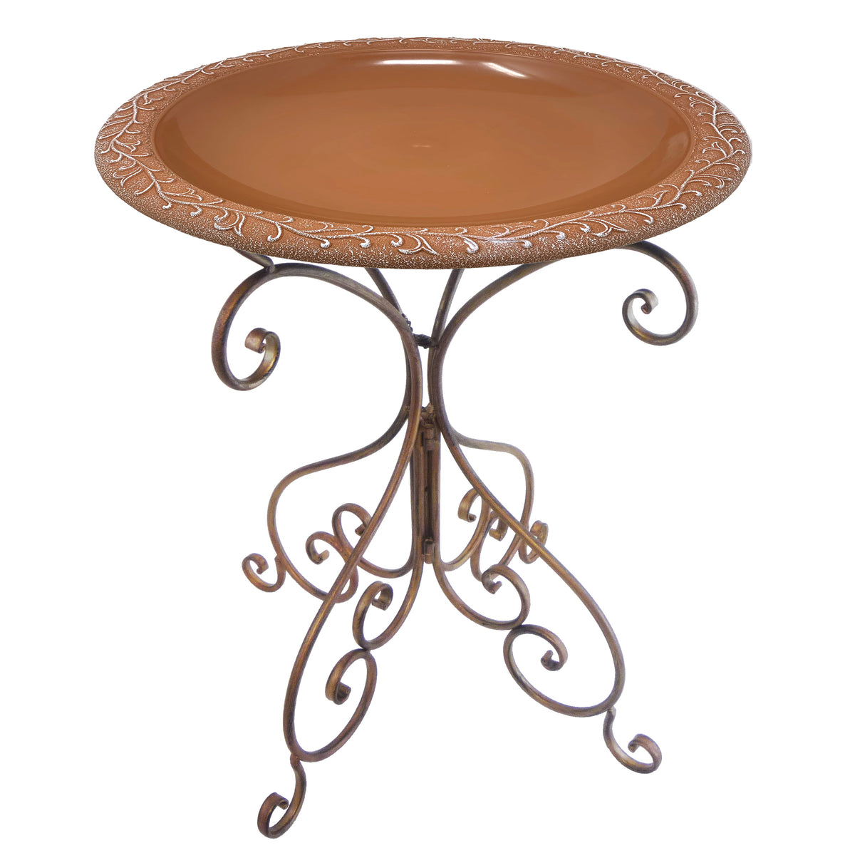 Terra Cotta w/Design Rim Fiber Clay 19" Dia Birdbath Top w/25"H Antique Bronze Metal Stand