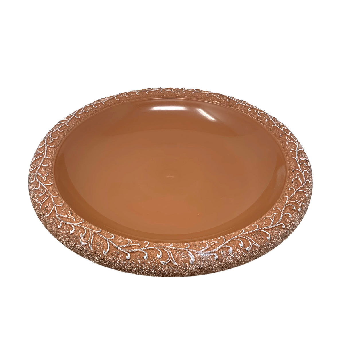 Terra Cotta w/Design Rim Fiber Clay 19" Dia Birdbath Top w/25"H Antique Bronze Metal Stand