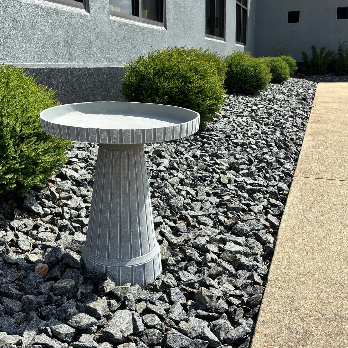 19" Modern Ribbed Concrete Gray Fiber Clay Birdbath