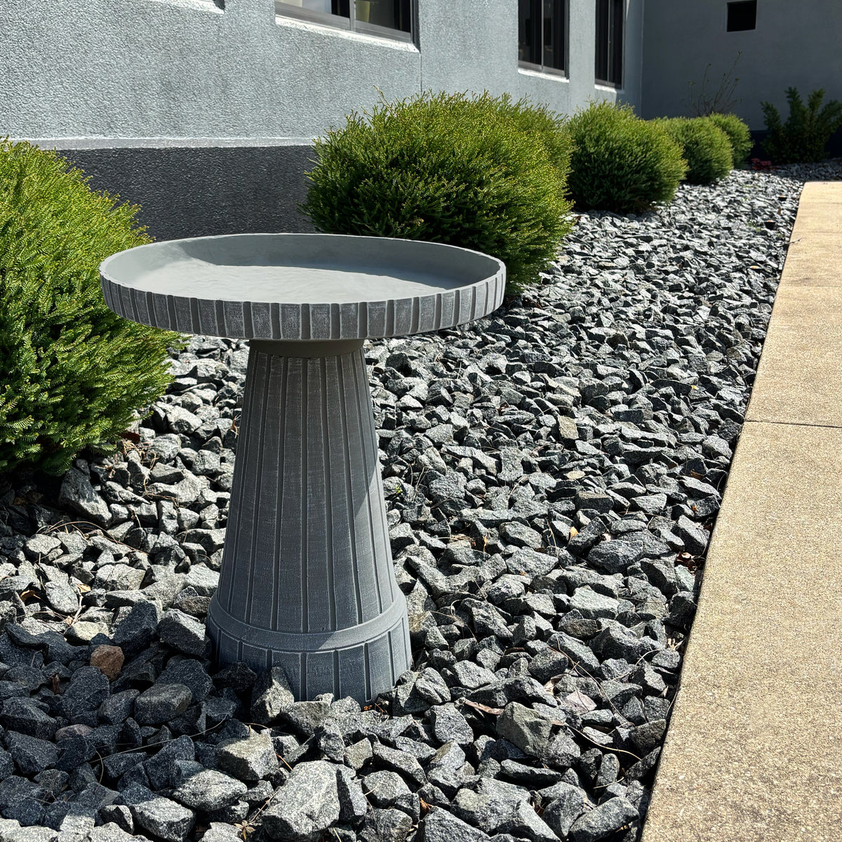 19" Modern Ribbed Concrete Gray Fiber Clay Birdbath
