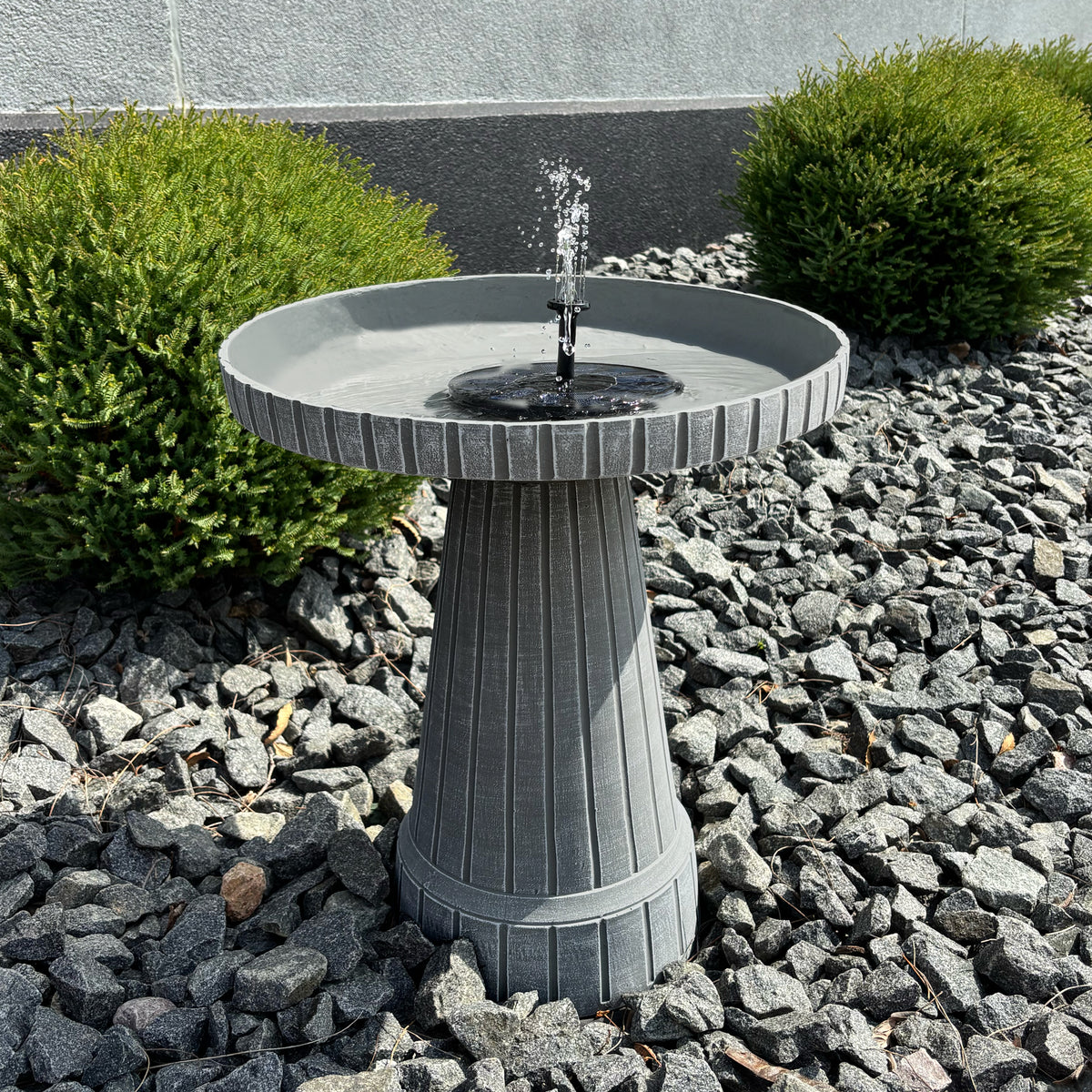 19" Modern Ribbed Concrete Gray Fiber Clay Birdbath