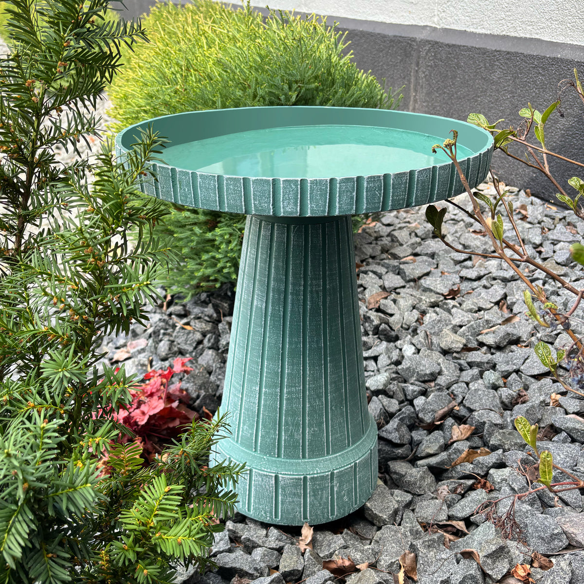 19" Modern Ribbed Jade Green Fiber Clay Birdbath