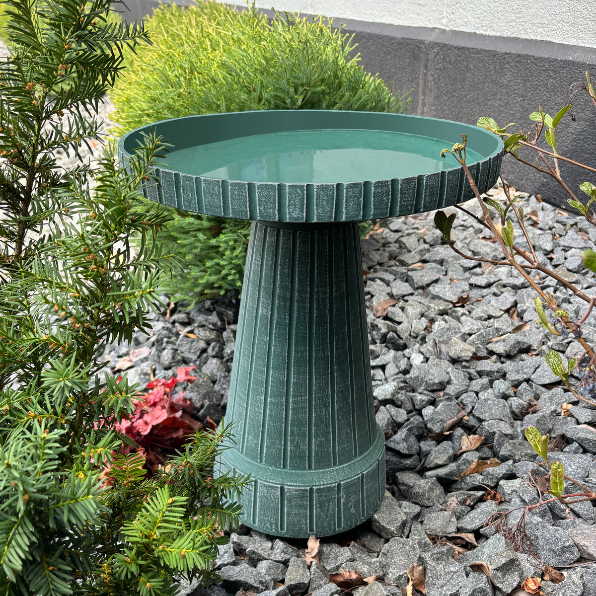19" Modern Ribbed Jade Green Fiber Clay Birdbath