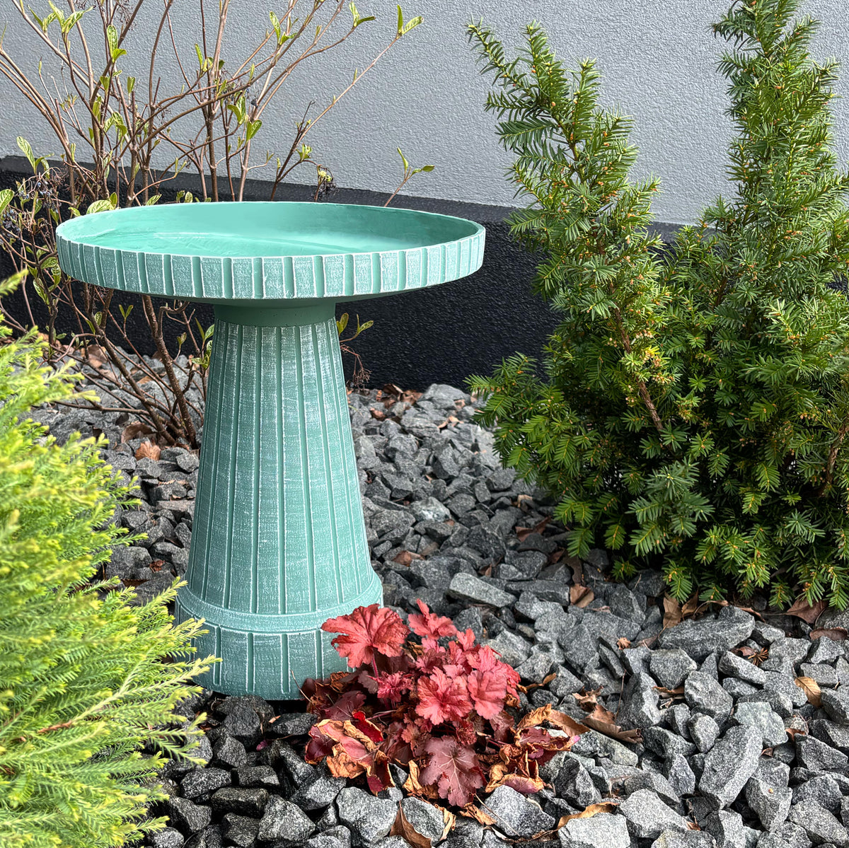 19" Modern Ribbed Jade Green Fiber Clay Birdbath