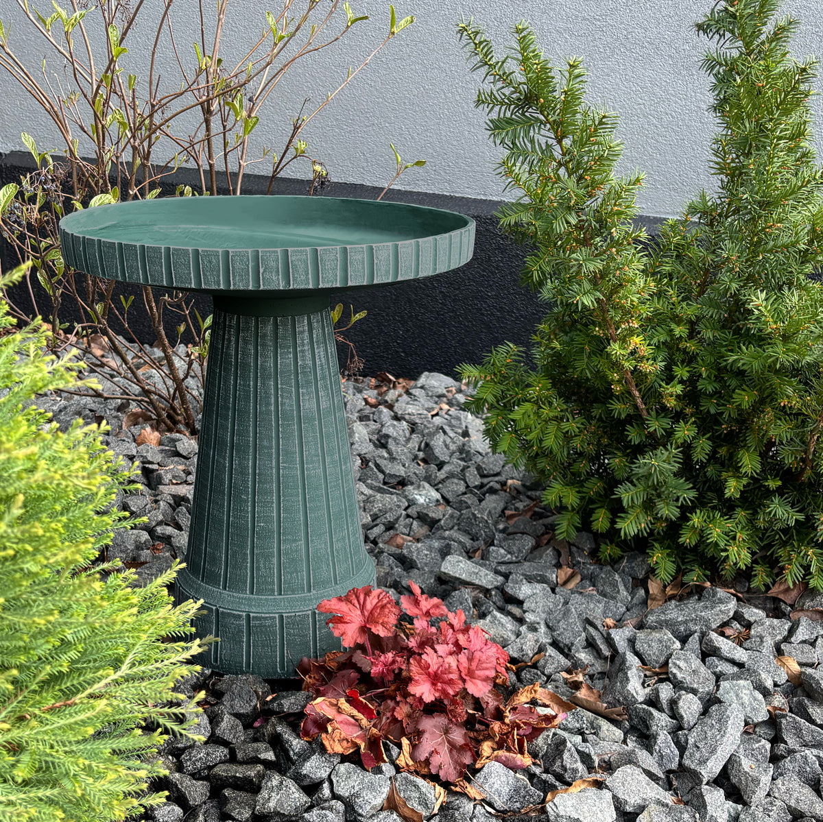 19" Modern Ribbed Jade Green Fiber Clay Birdbath