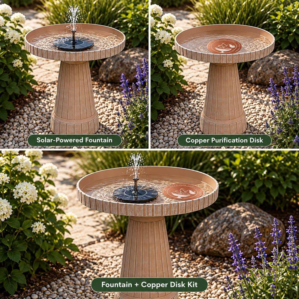 19" Modern Ribbed Natural Taupe Birdbath with Solar Fountain & Copper Water Purification Disk