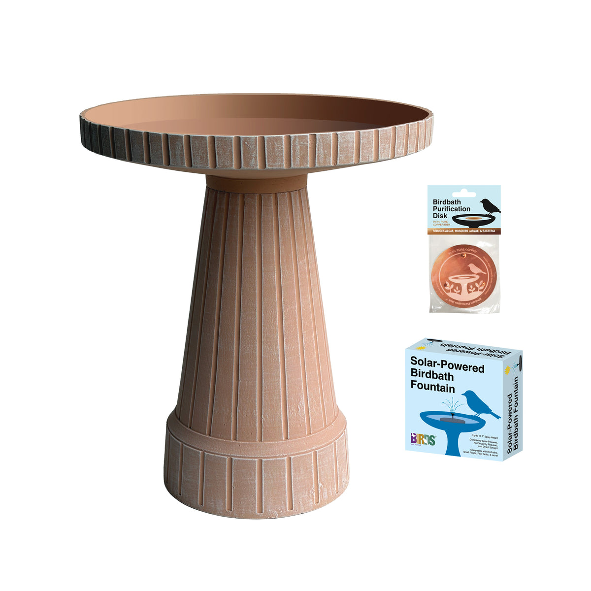19" Modern Ribbed Natural Taupe Birdbath with Solar Fountain & Copper Water Purification Disk