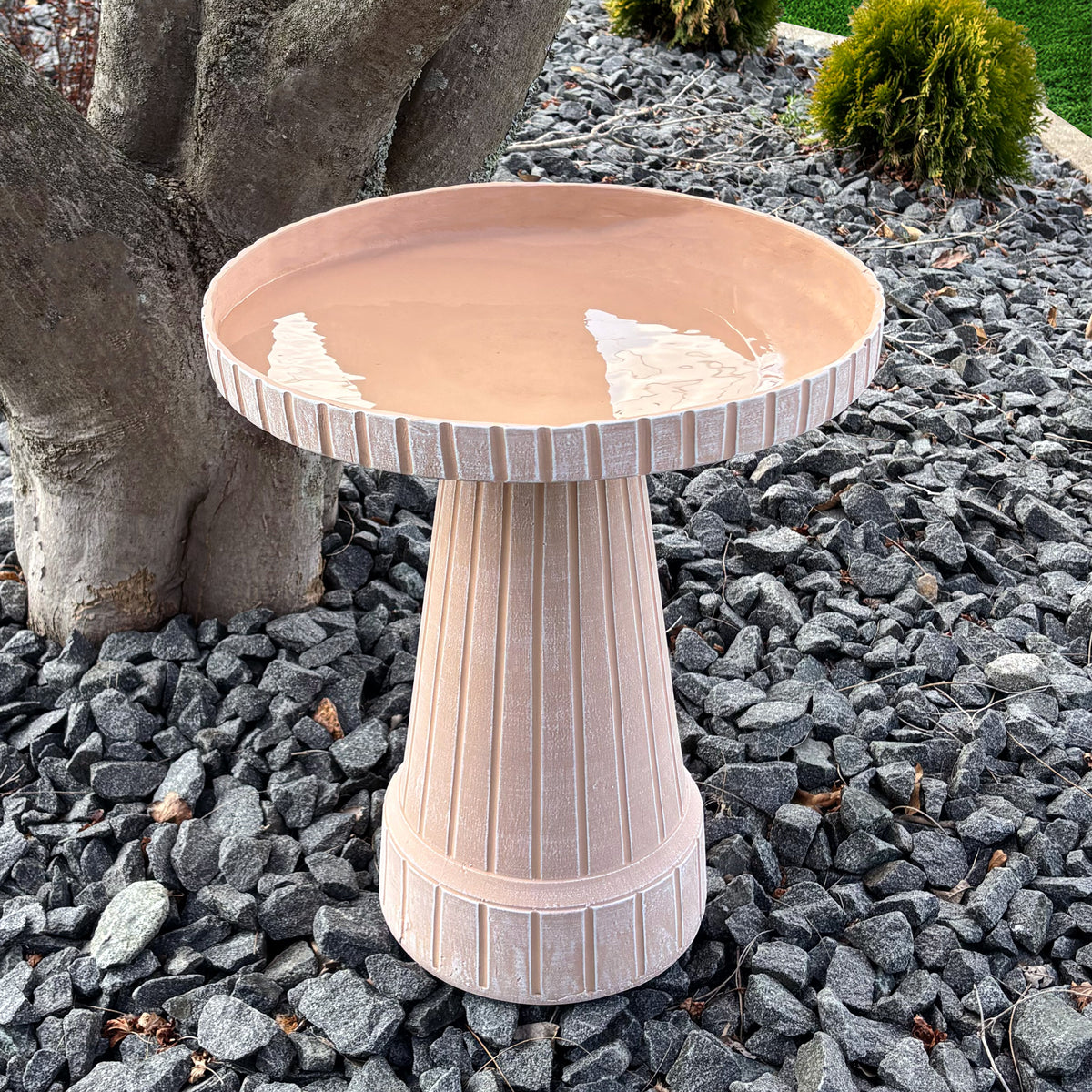 19" Modern Ribbed Natural Taupe Fiber Clay Birdbath
