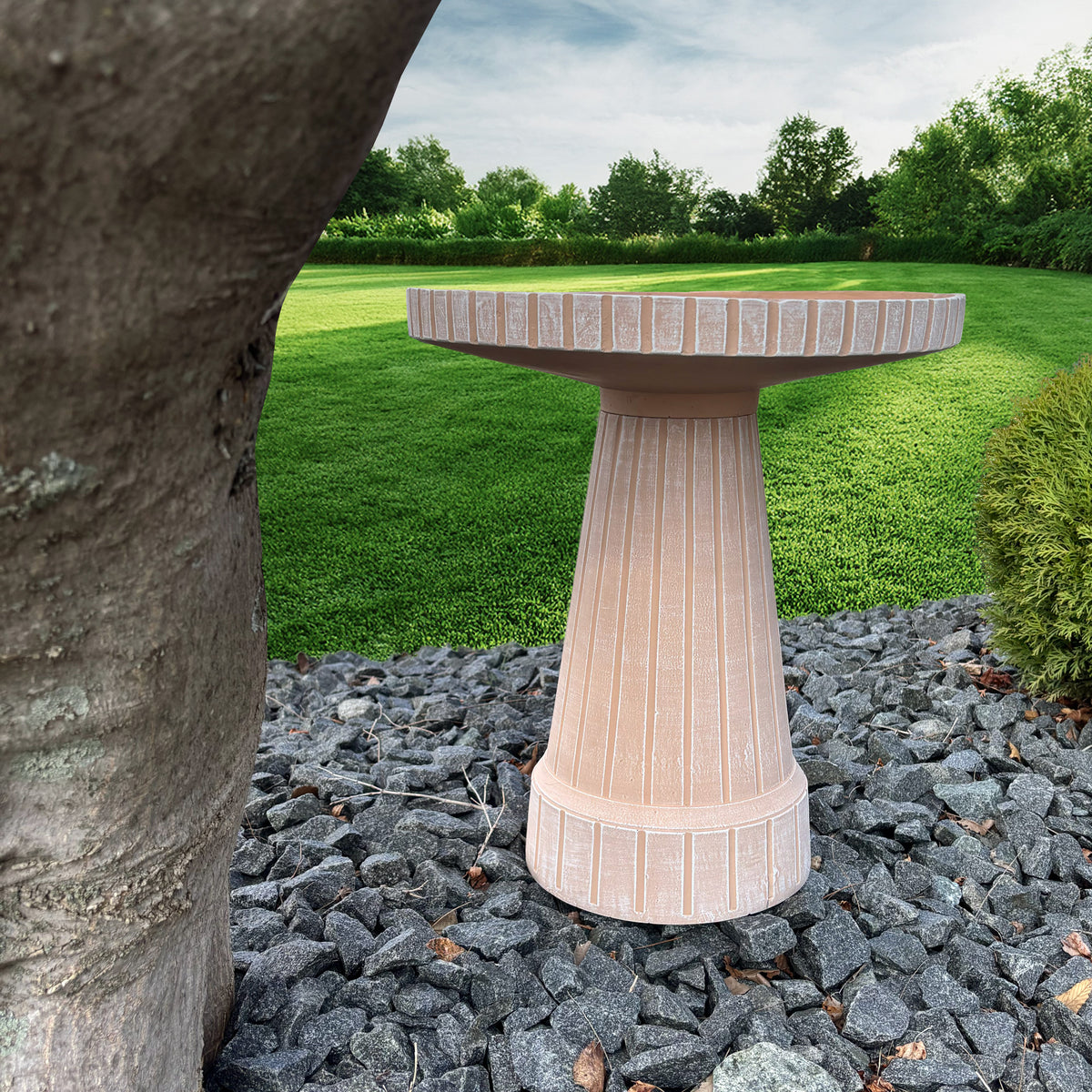19" Modern Ribbed Natural Taupe Fiber Clay Birdbath
