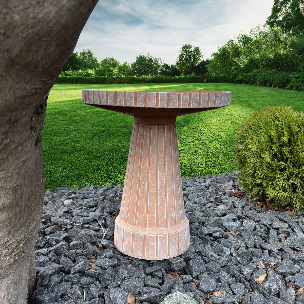 19" Modern Ribbed Natural Taupe Fiber Clay Birdbath
