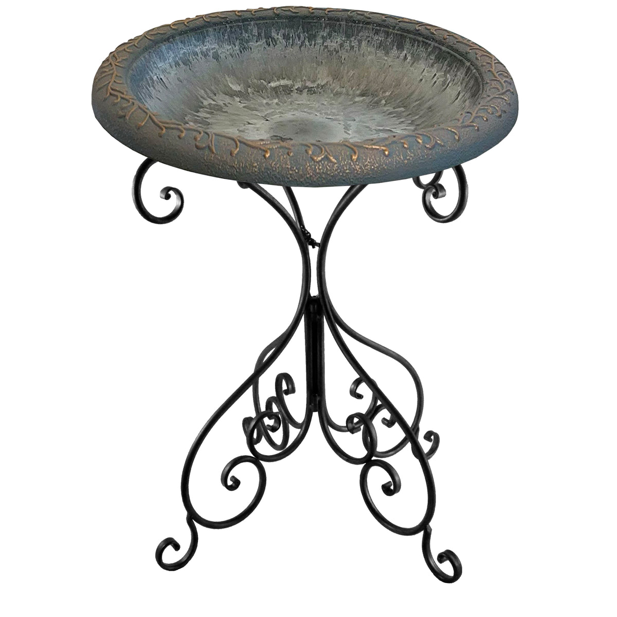 Charcoal Sand w/Design Rim Fiber Clay 19" Dia Birdbath Top w/25"H Black Metal Stand