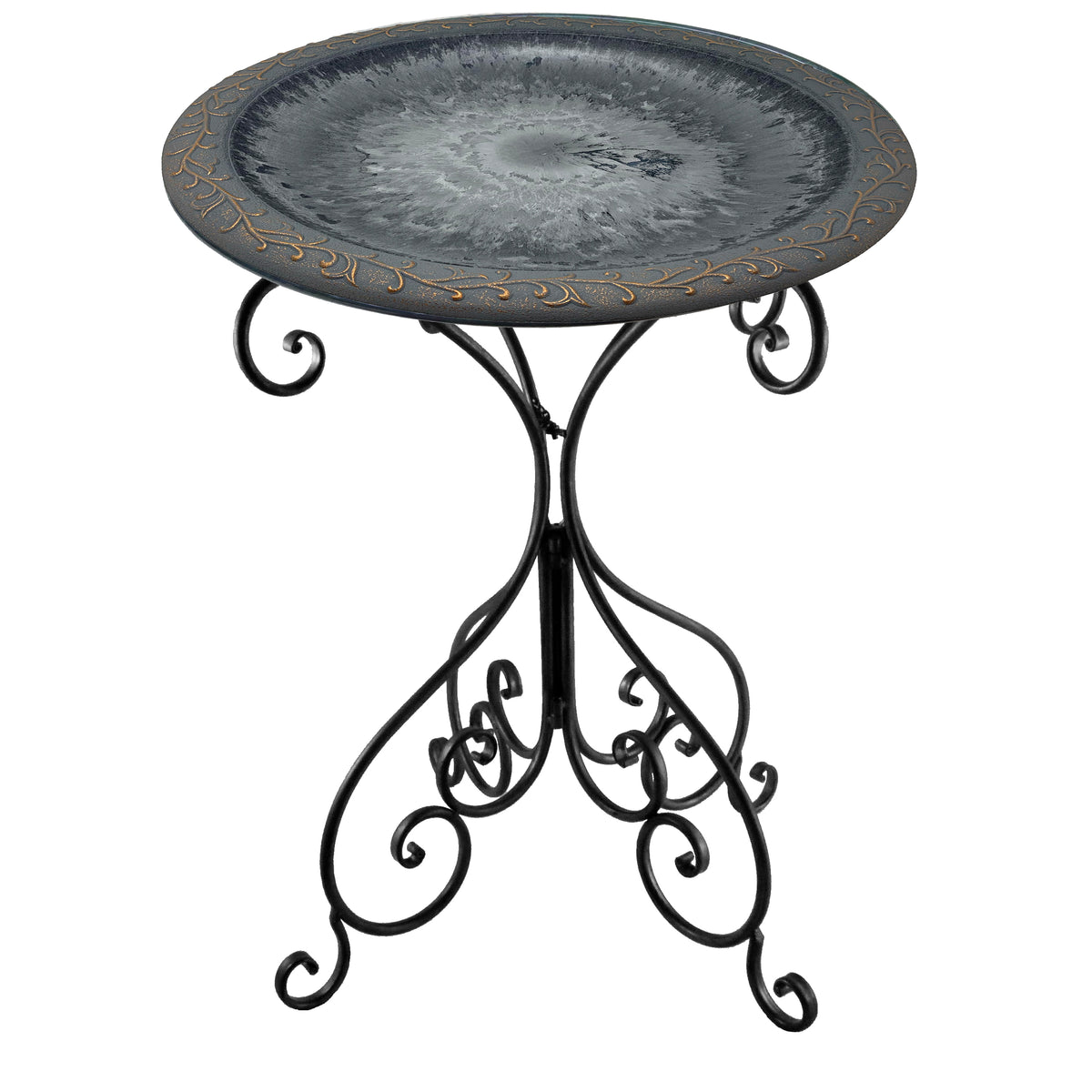 Dove Gray w/Design Rim Fiber Clay 19" Dia Birdbath Top w/25"H Black Metal Stand