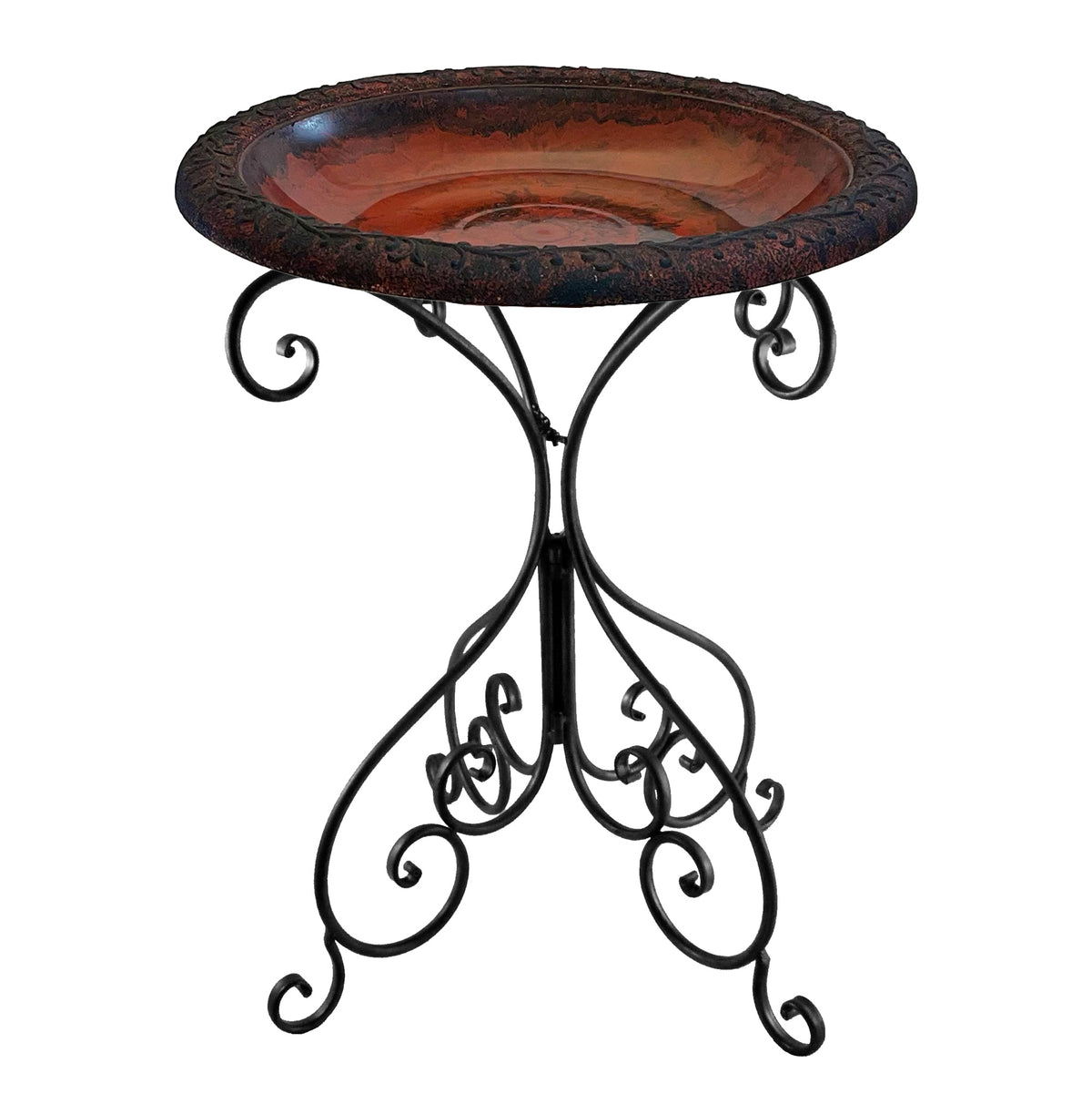 Red/Charcoal w/Design Rim Fiber Clay 19" Dia Birdbath Top w/25"H Black Metal Stand