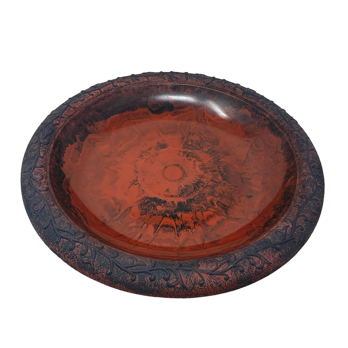 Red/Charcoal w/Design Rim Fiber Clay 19" Dia Birdbath Top w/25"H Black Metal Stand