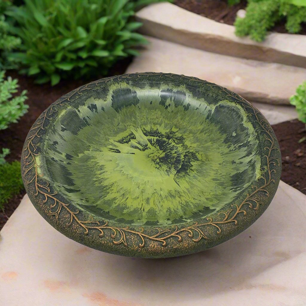Light Green Fiber Clay 19" Dia Birdbath Top with 25"H Black Metal Stand