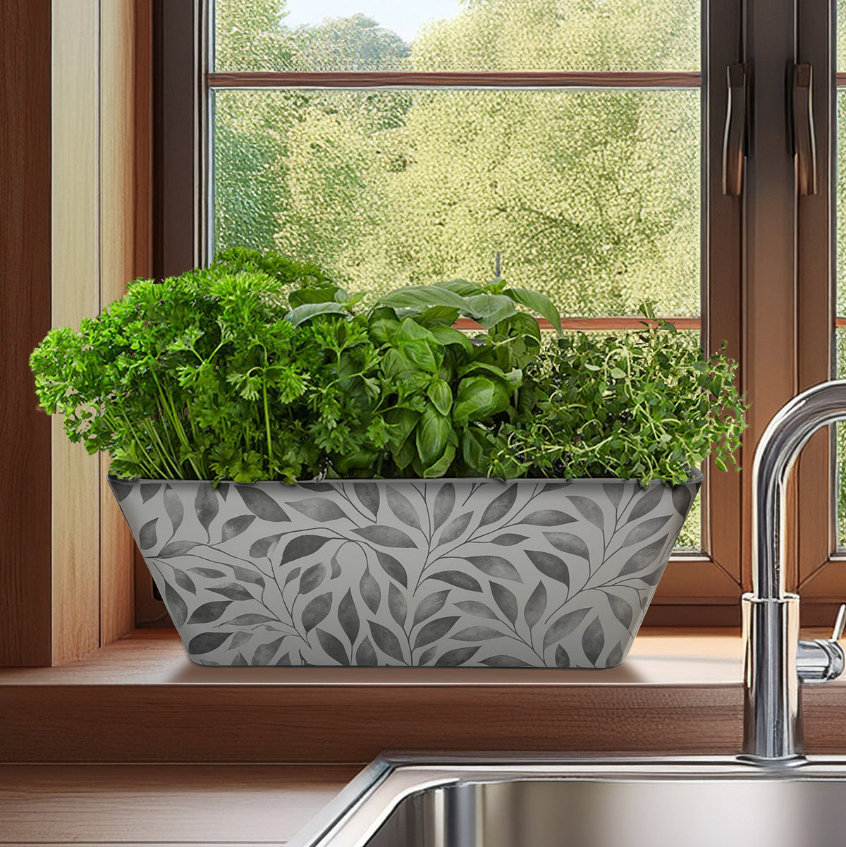 16" Gray Leaves Rectangular Bamboo Self-Watering Indoor/Outdoor Planter