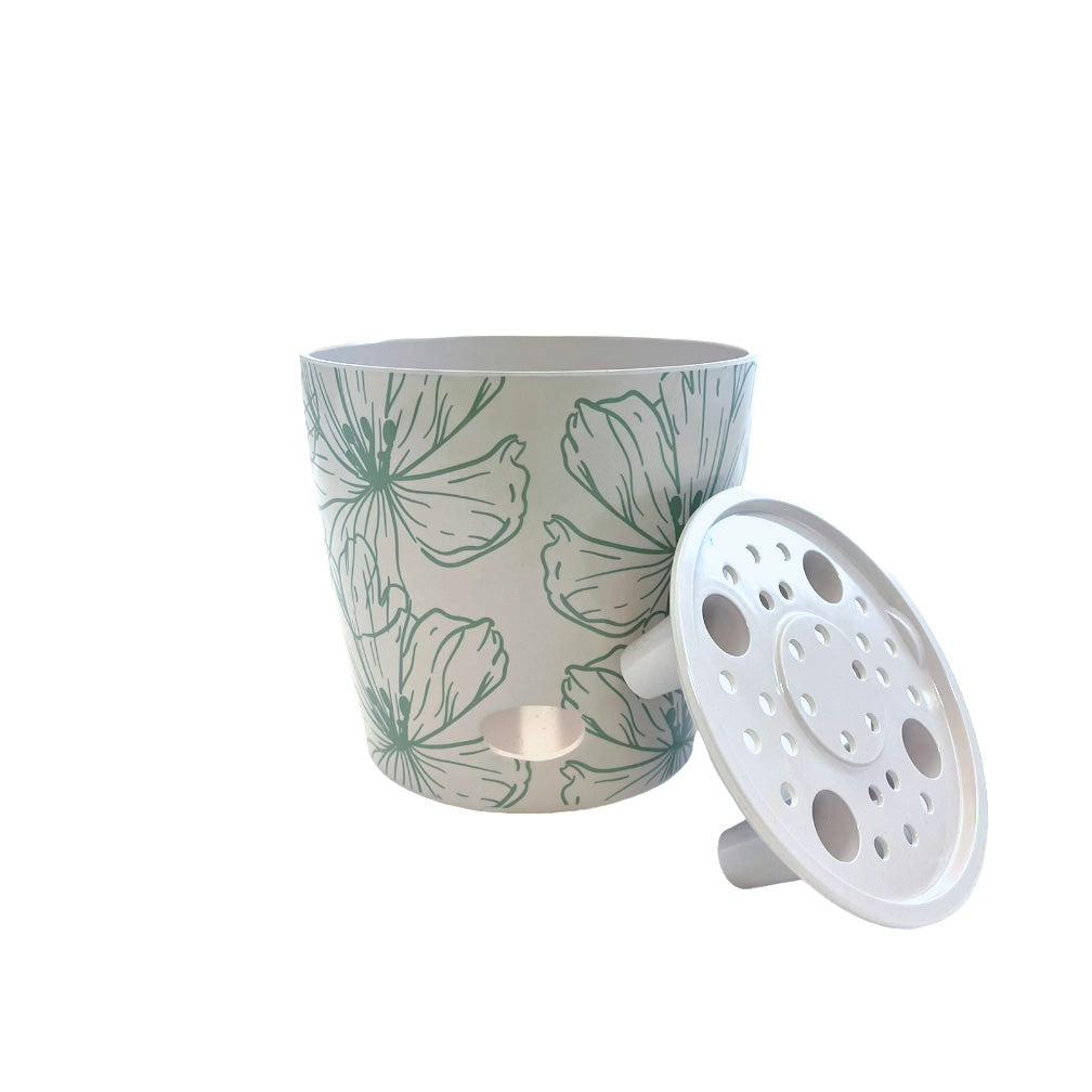 Self-Watering Plant Pot Set of 2, 5" Green Flower & 7" Sage Green