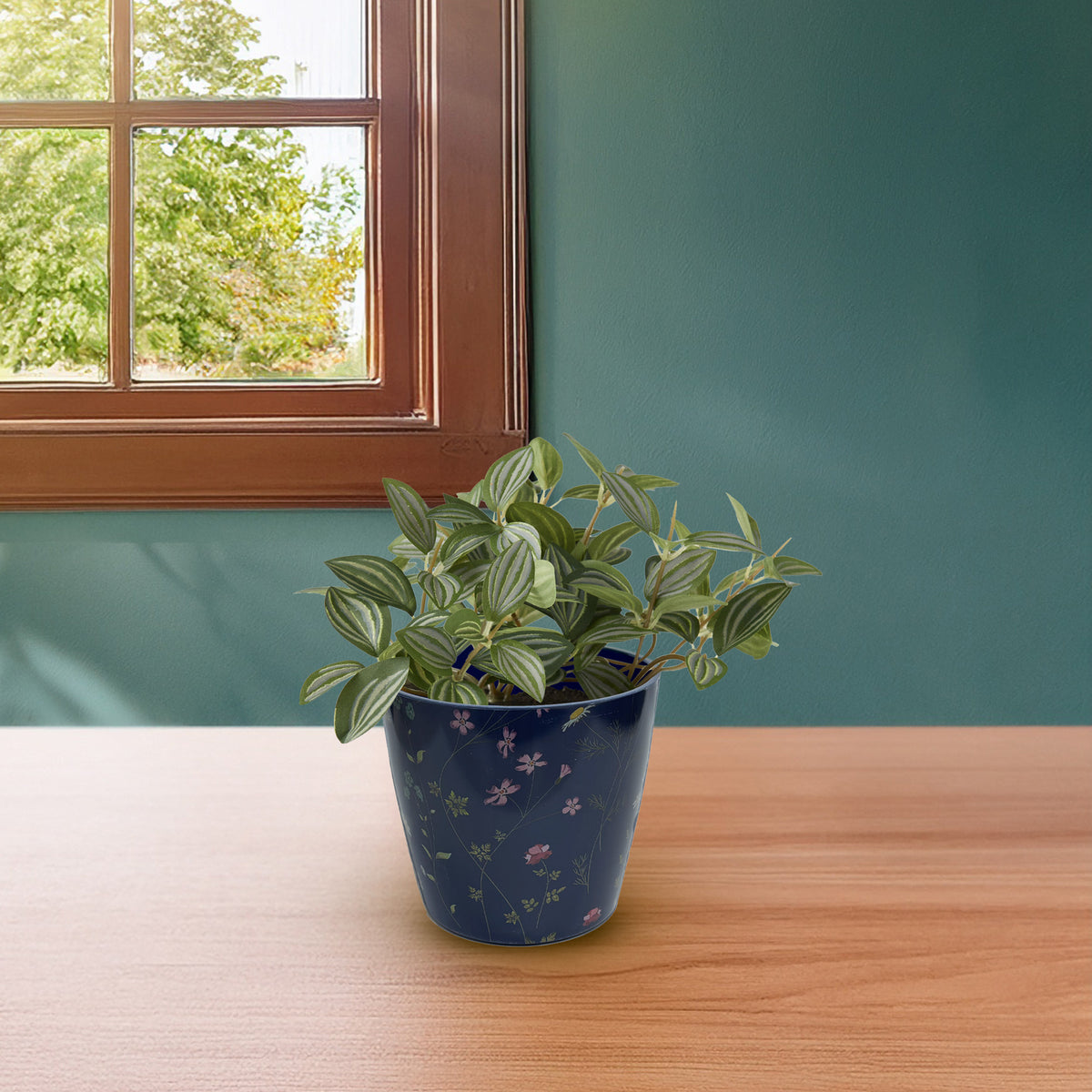 5" Blue Wildflower Round Bamboo Self-Watering Indoor/Outdoor Plant Pot