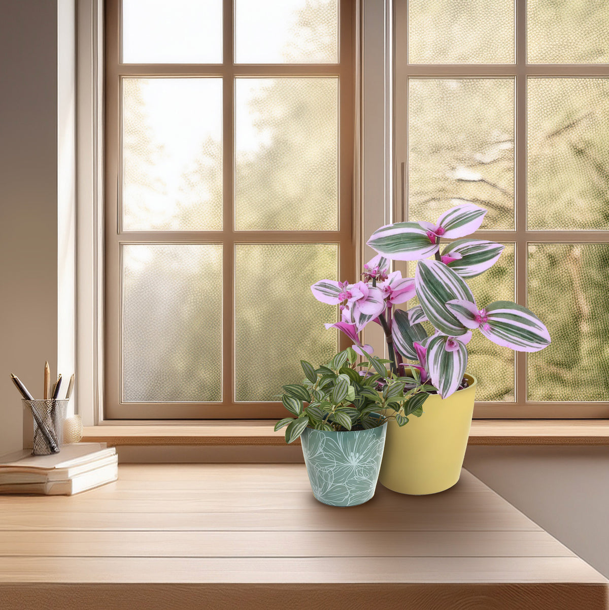 7" Pale Yellow Round Bamboo Self-Watering Indoor/Outdoor Plant Pot