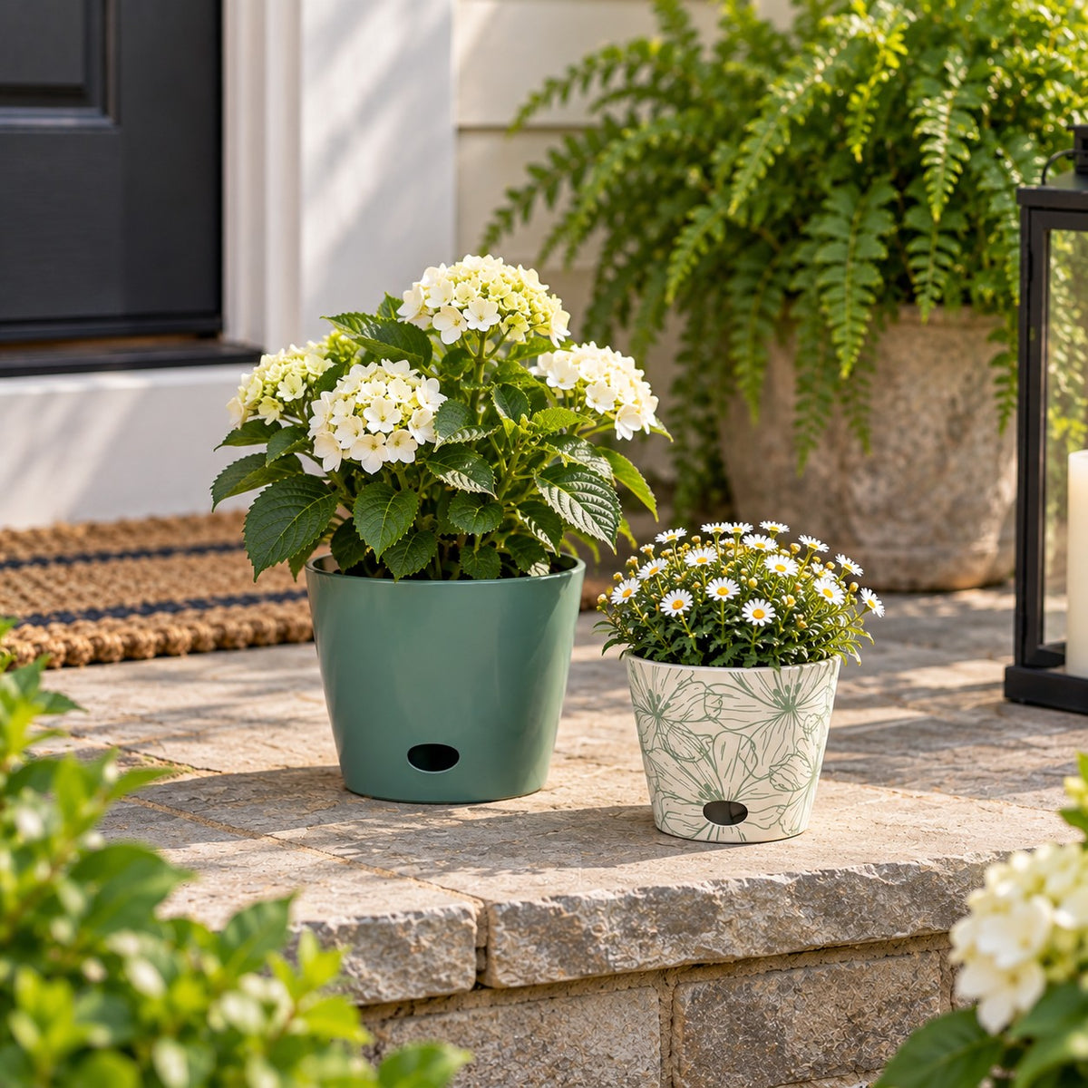 Self-Watering Plant Pot Set of 2, 5" Green Flower & 7" Sage Green
